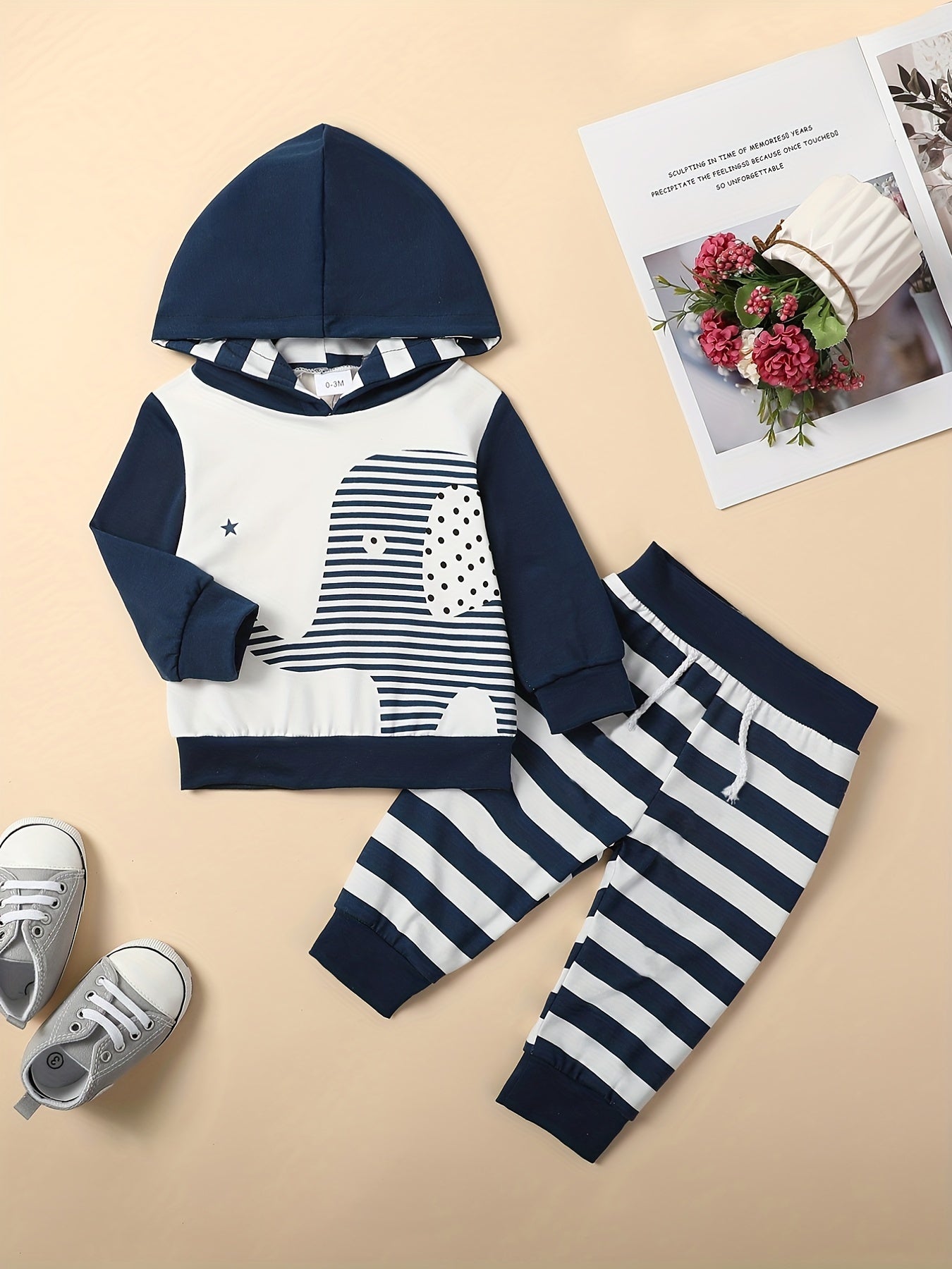 2pcs Baby Boys Elephant Long Sleeve Hoodie & Striped Pants Set Clothes