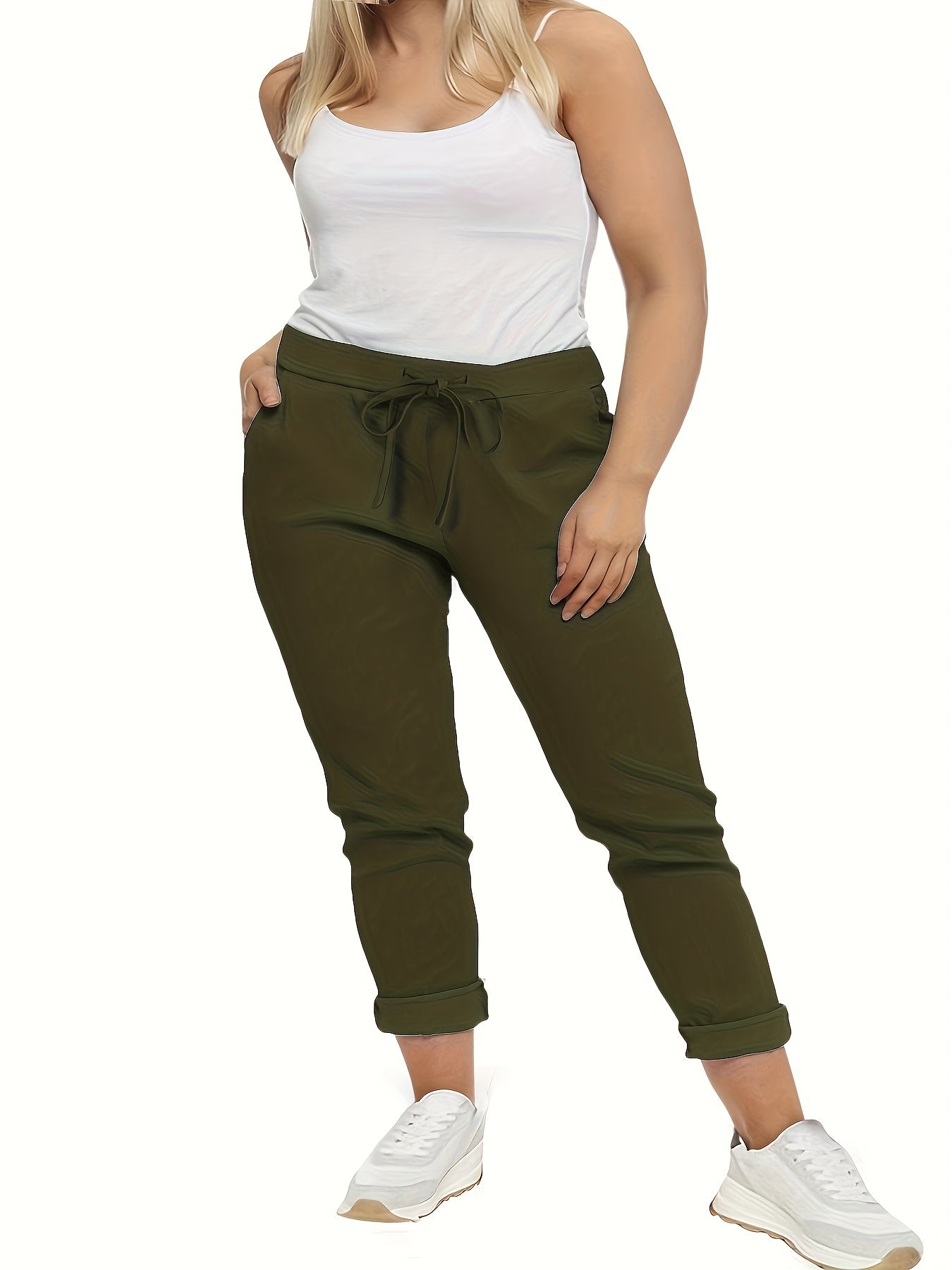 Plus Size Casual Pants, Women's Plus Solid Drawstring Roll Up Hem Slight Stretch Pants