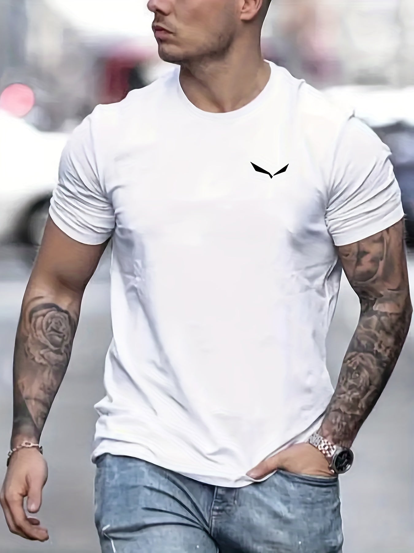 Bird Print T-shirt, Men's Casual Street Style Slightly Stretch Round Neck Tee Shirt For Summer Fall