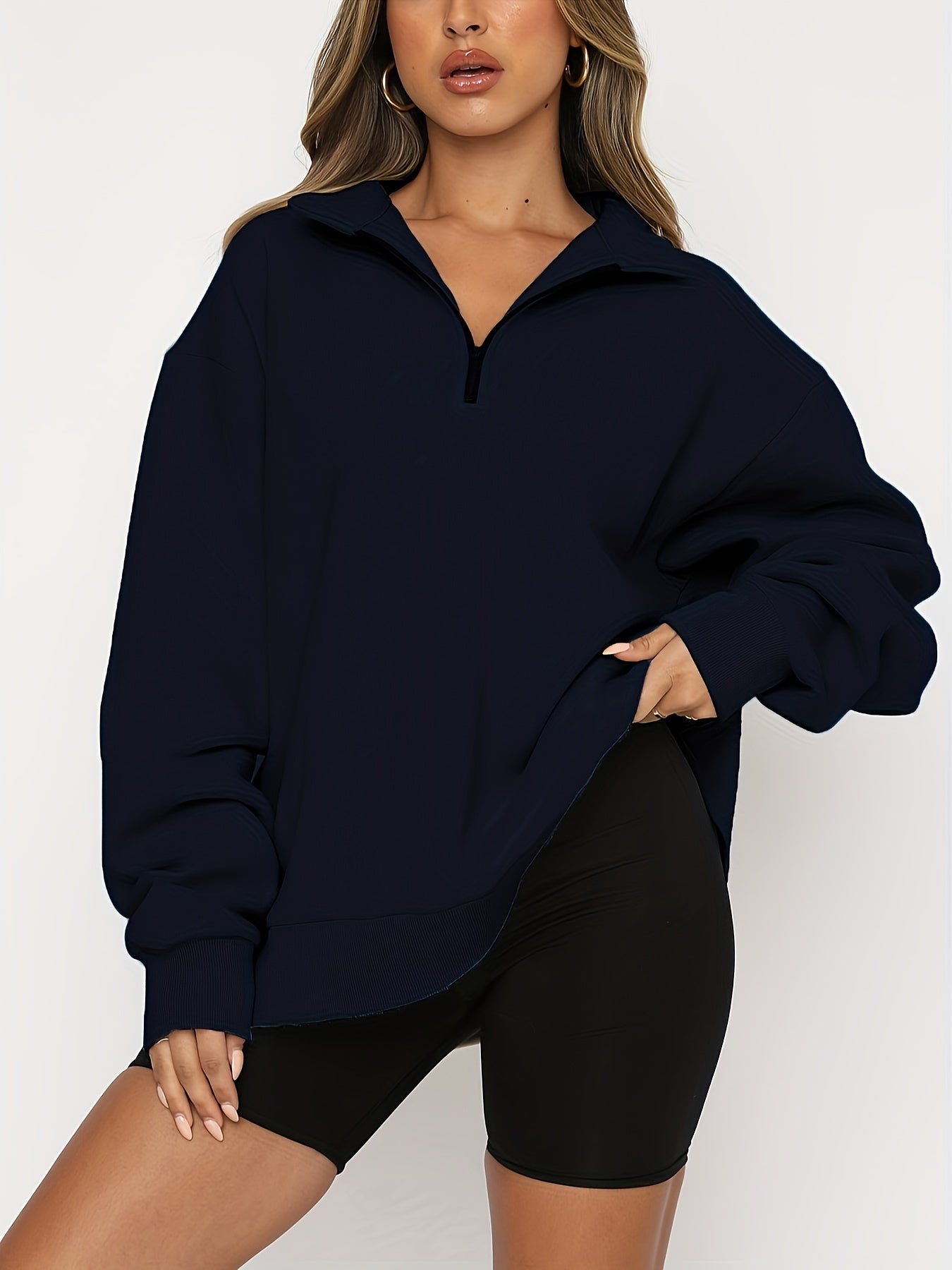 Plus Size Casual Sweatshirt, Women's Plus Solid Long Sleeve Zip Up Lapel Collar Pullover Sweatshirt, Casual Tops For Fall & Winter, Women's Clothing