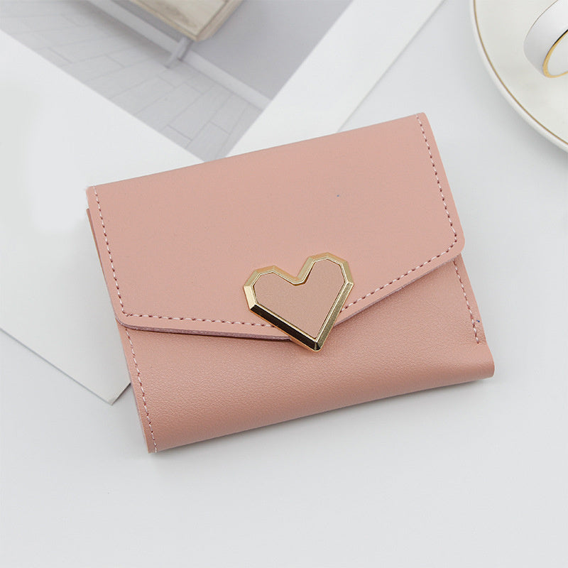 Women's Stylish Short Wallet, Faux Leather Casual Trifold Coin Purse, Simple Purse With Metal Love Decor