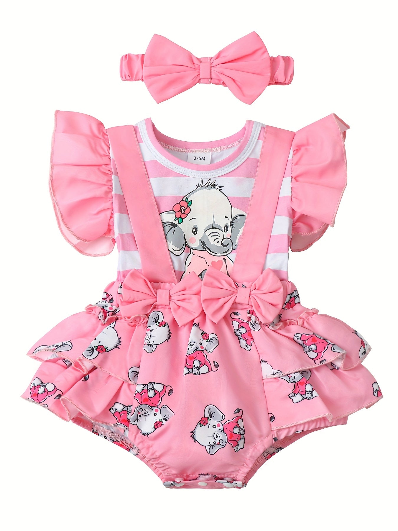 2pcs Baby Girls Cute Elephant Fly Sleeve Onesie & Headband Set Clothes