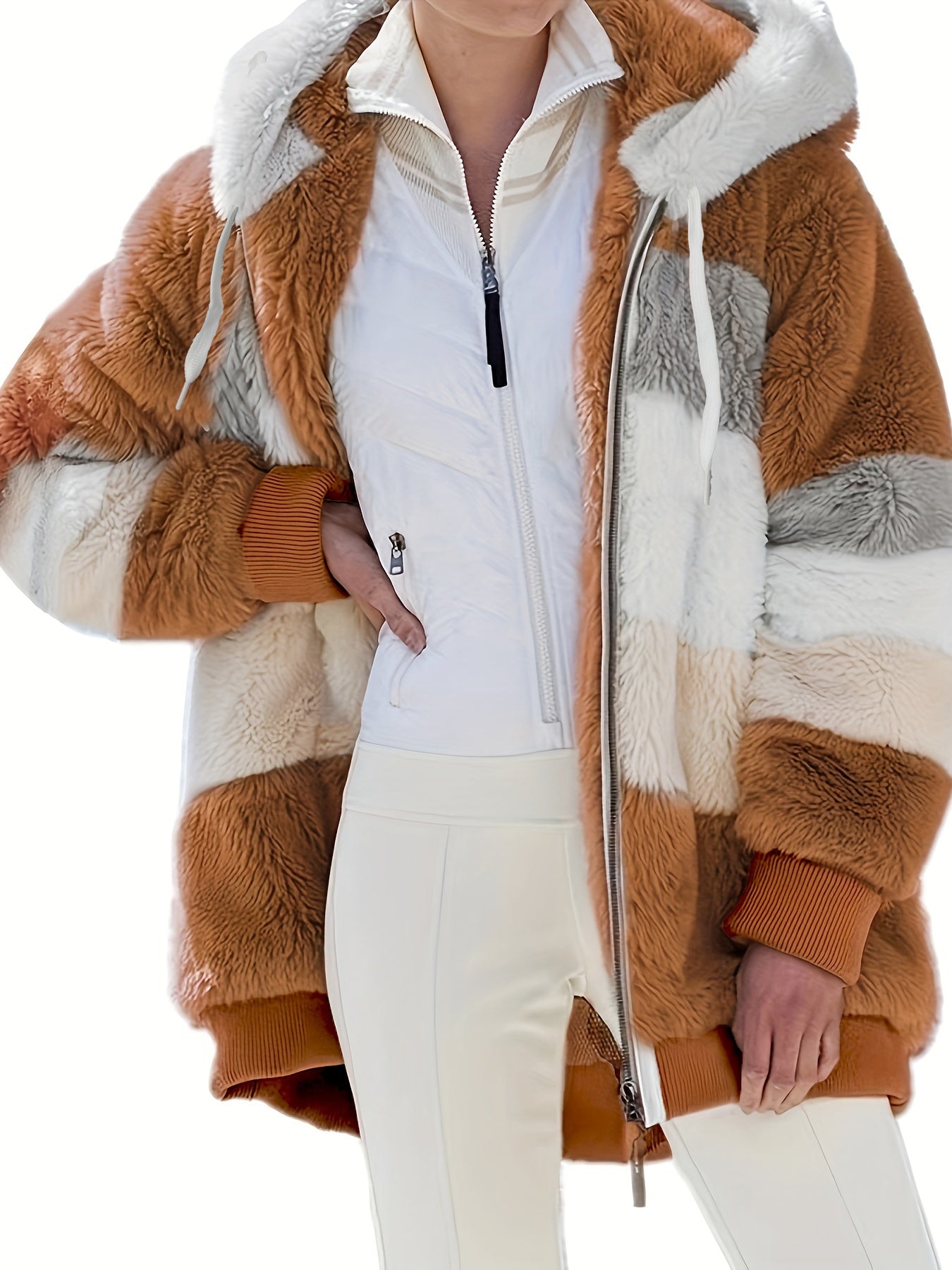 Plus Size Casual Coat, Women's Plus Colorblock Plush Zip Up Long Sleeve Drawstring Hooded Coat