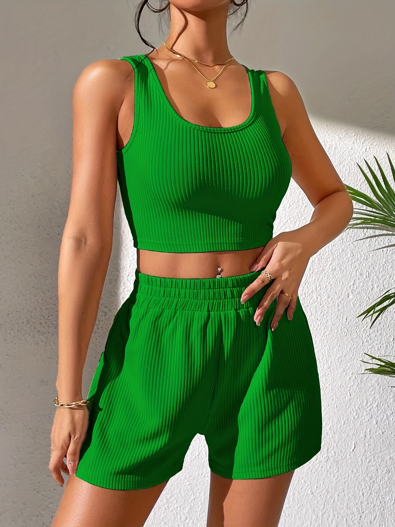 Tank Top & Shorts Two-piece Set, Ribbed Crop Tank Top & Ribbed Casual Shorts, 2pcs Outfits For Vacation, Every Day, Women's Clothing