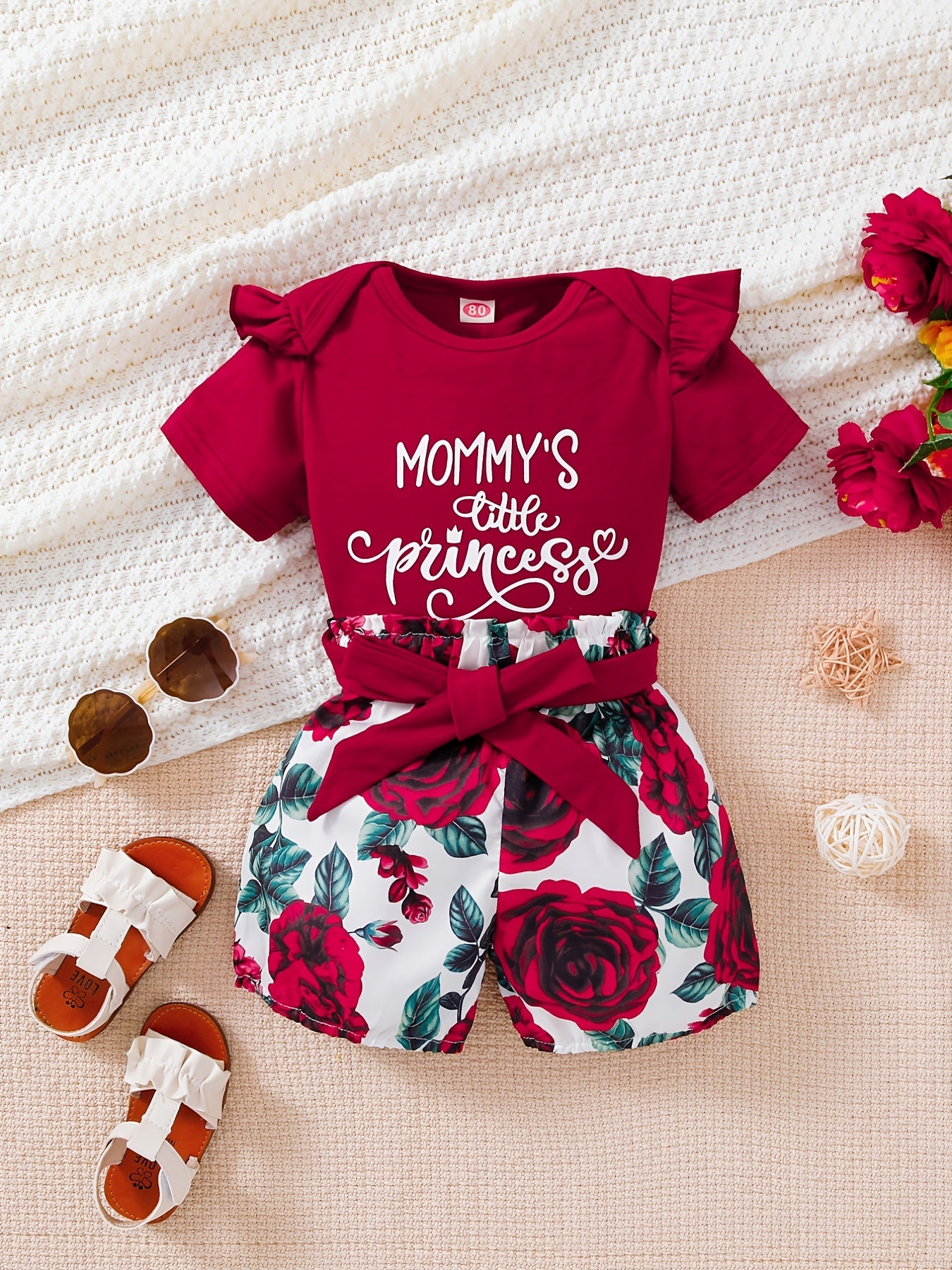 2pcs Girls MOMMY'S LITTLE PRINCESS Letter Print Short Sleeve Round Neck Top And Floral Print Shorts Set, Cotton Summer Casual Clothes