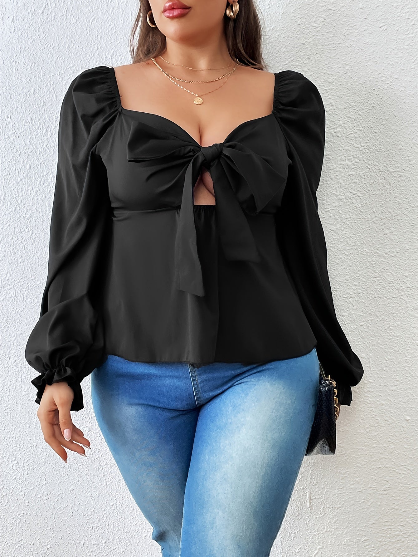 Plus Size Casual Blouse, Women's Plus Solid Lantern Sleeve V Neck Knot Cut Out Peplum Top