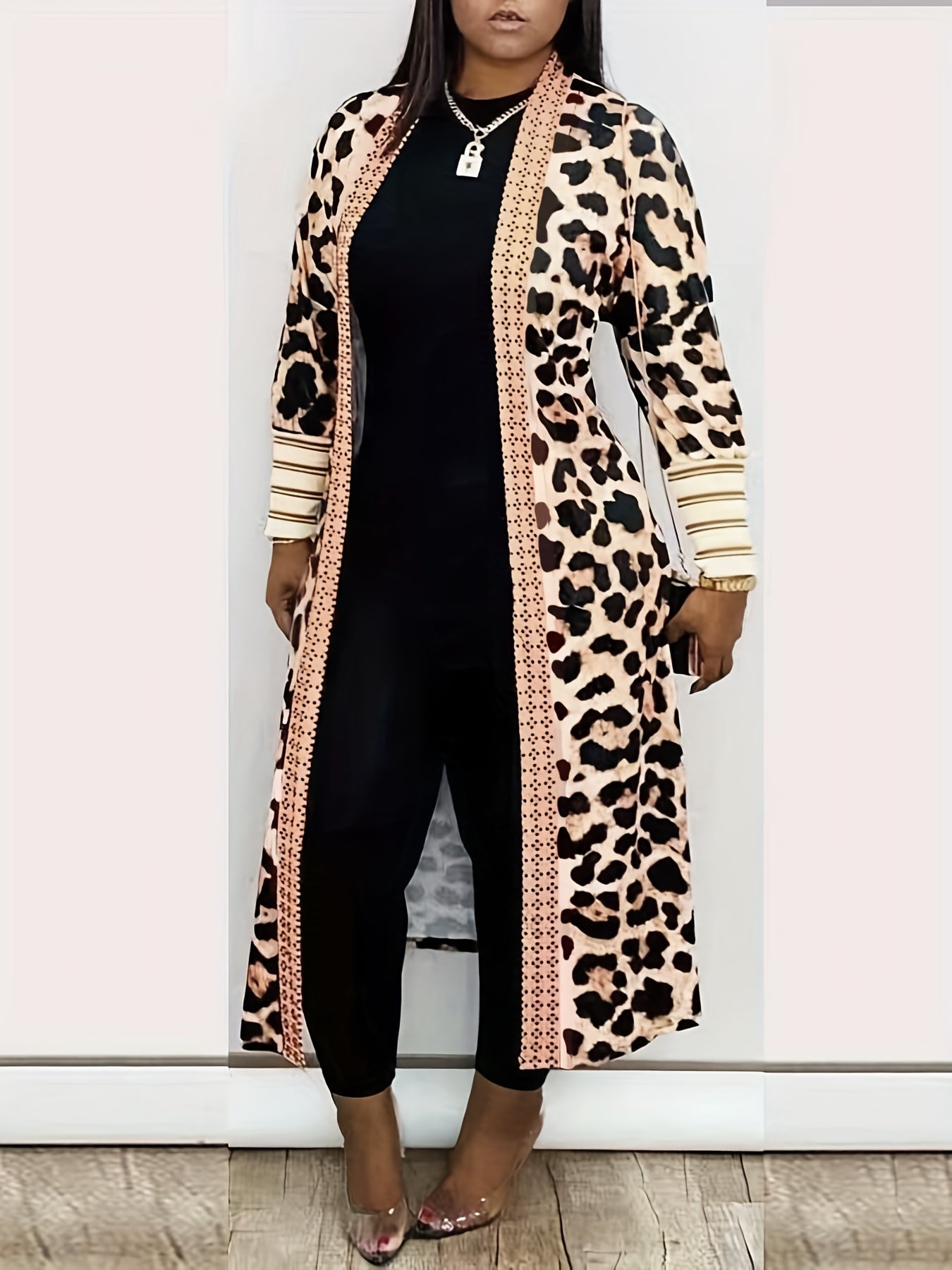 Plus Size Longline Leopard Print Colorblock Cardigan Coat, Women's Plus Slight Stretch Elegant Coat