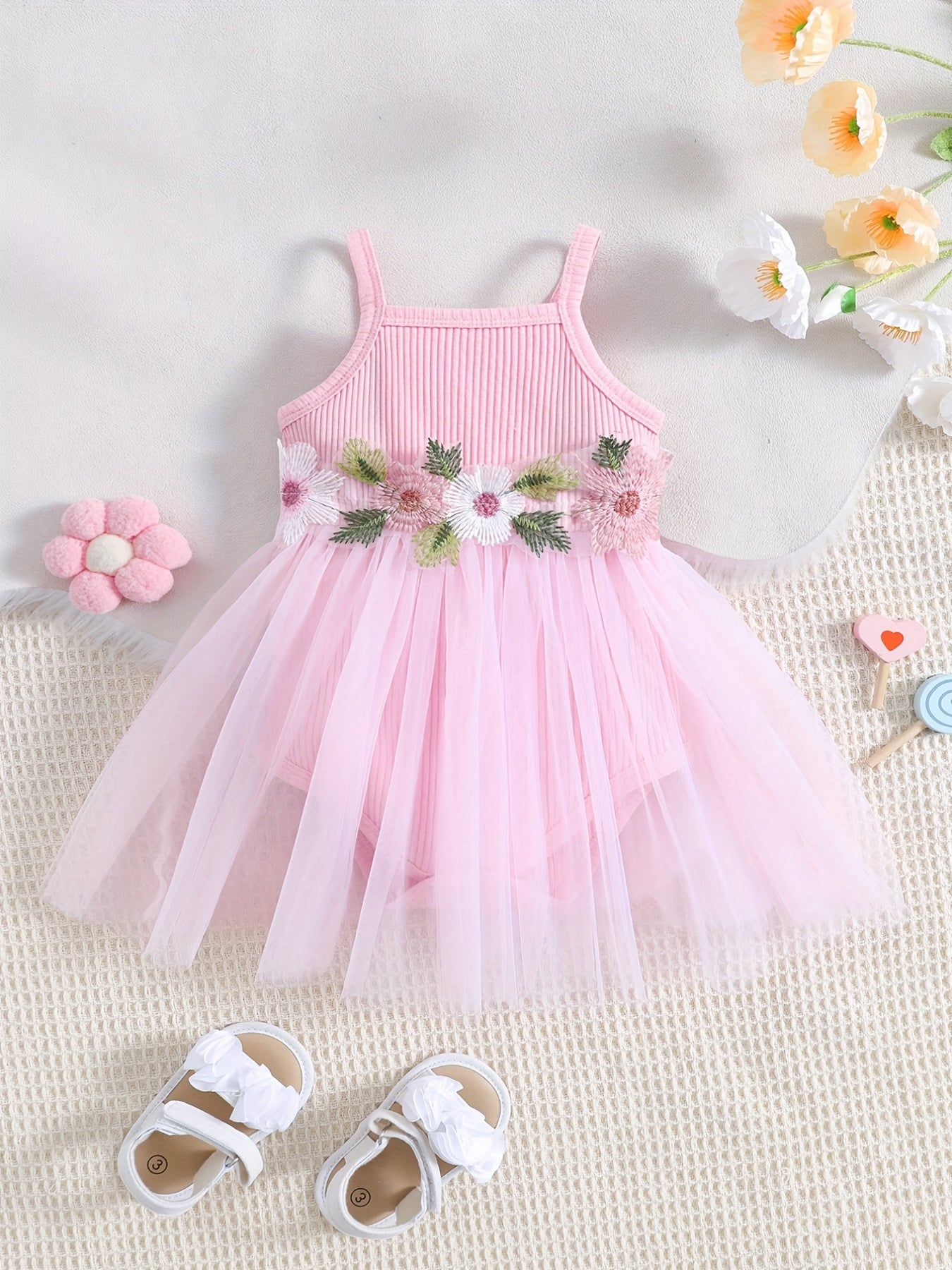 Baby Girl's Cute Floral Embroidery Sleeveless Mesh Cami Onesie Dress Clothes With Fashion Mesh Hem And Flower Decors