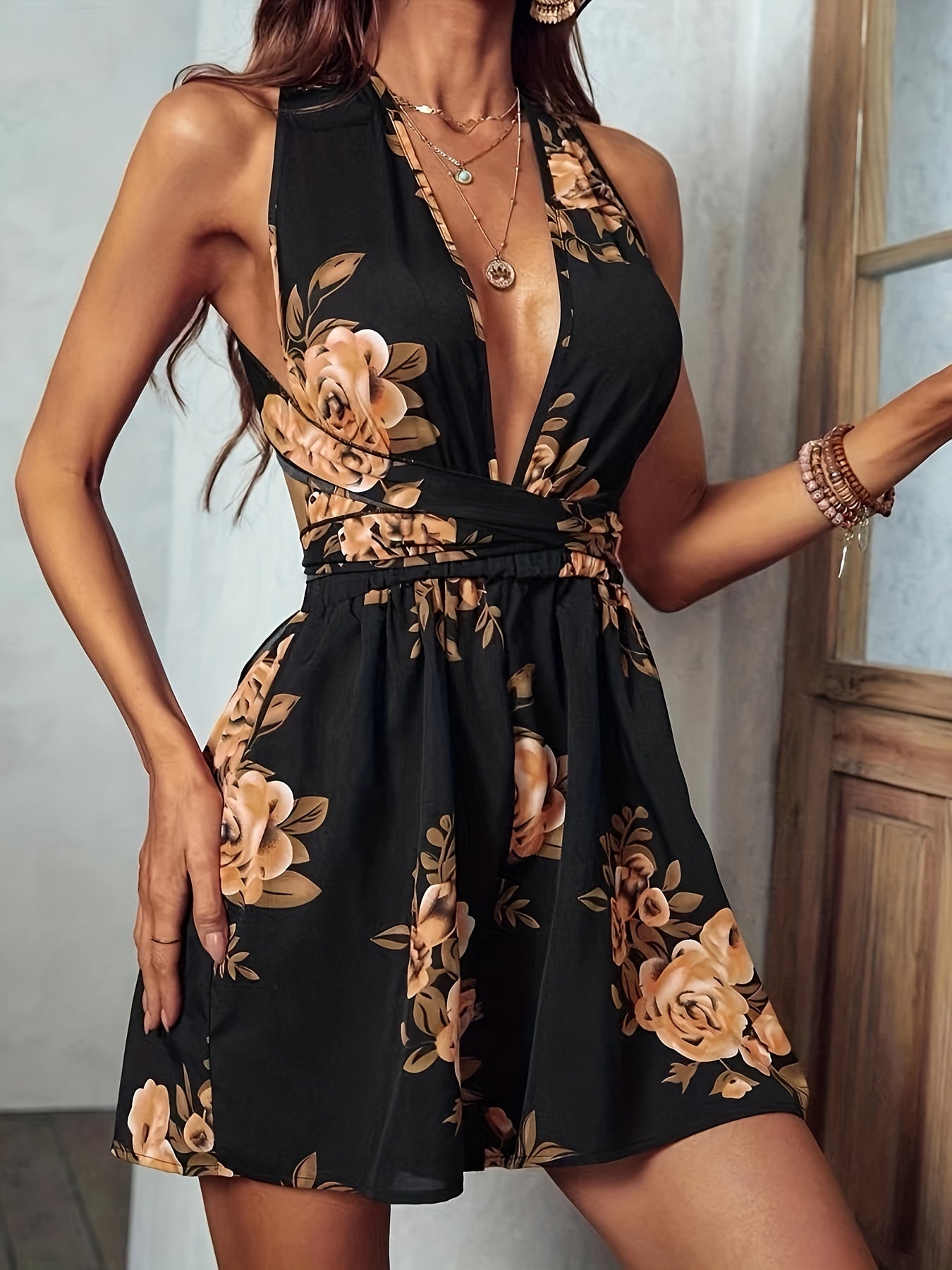 Floral Print Lace Up Romper Jumpsuit, Holiday Sleeveless Romper Jumpsuit, Women's Clothing