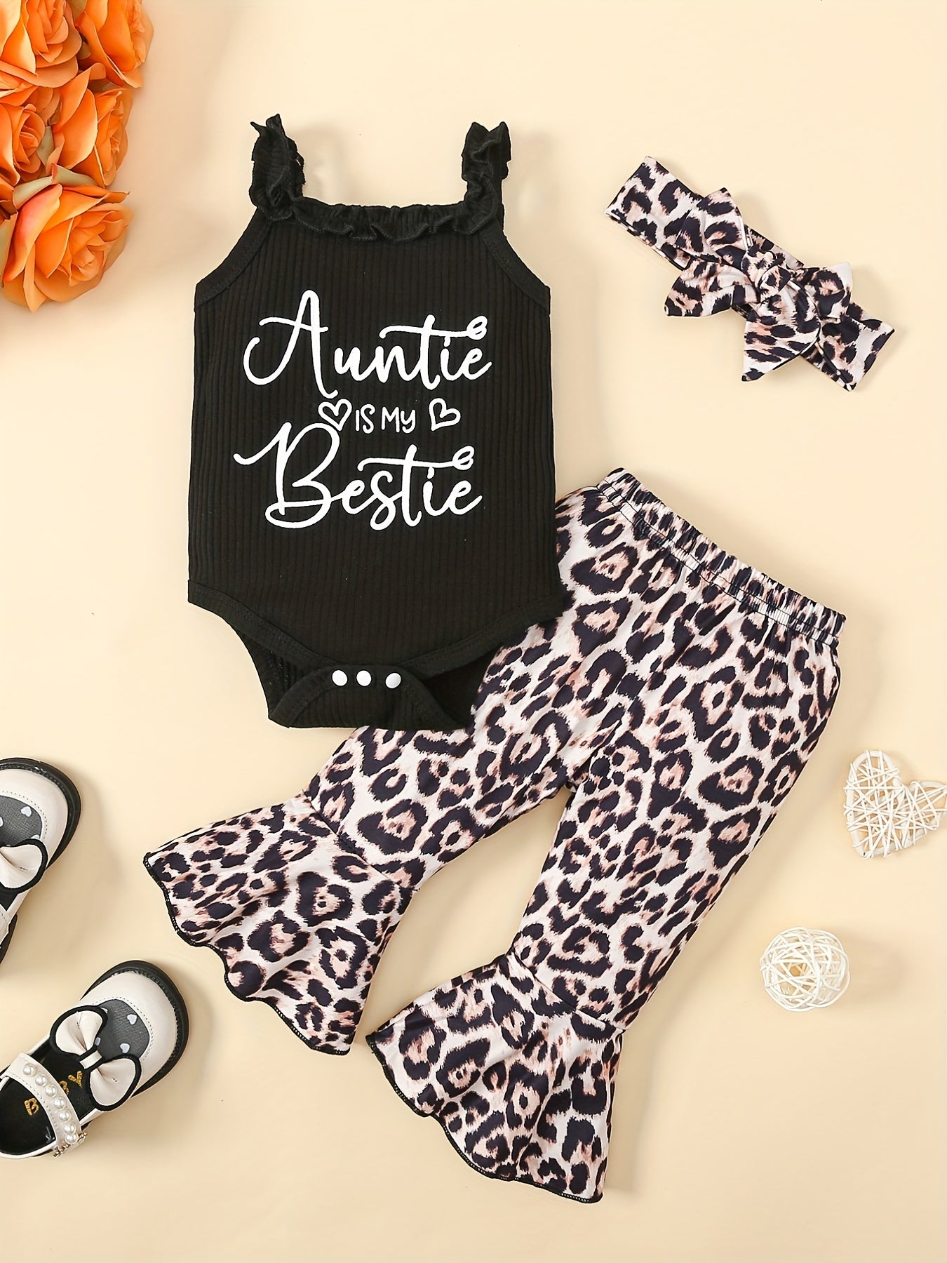 Girls AUNTIE IS MY BESTIE Letter Print Cami Romper + Floral Print Flared Pants + Headband Set, Trendy Baby Clothes