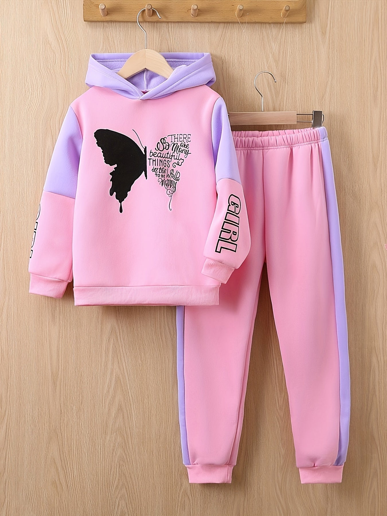 Girls 2-piece Butterfly Print Fleece Hooded Sweatshirt And Trousers Set Kids Pre Teen Girls Warm Active Clothes For 4-12 Years Old