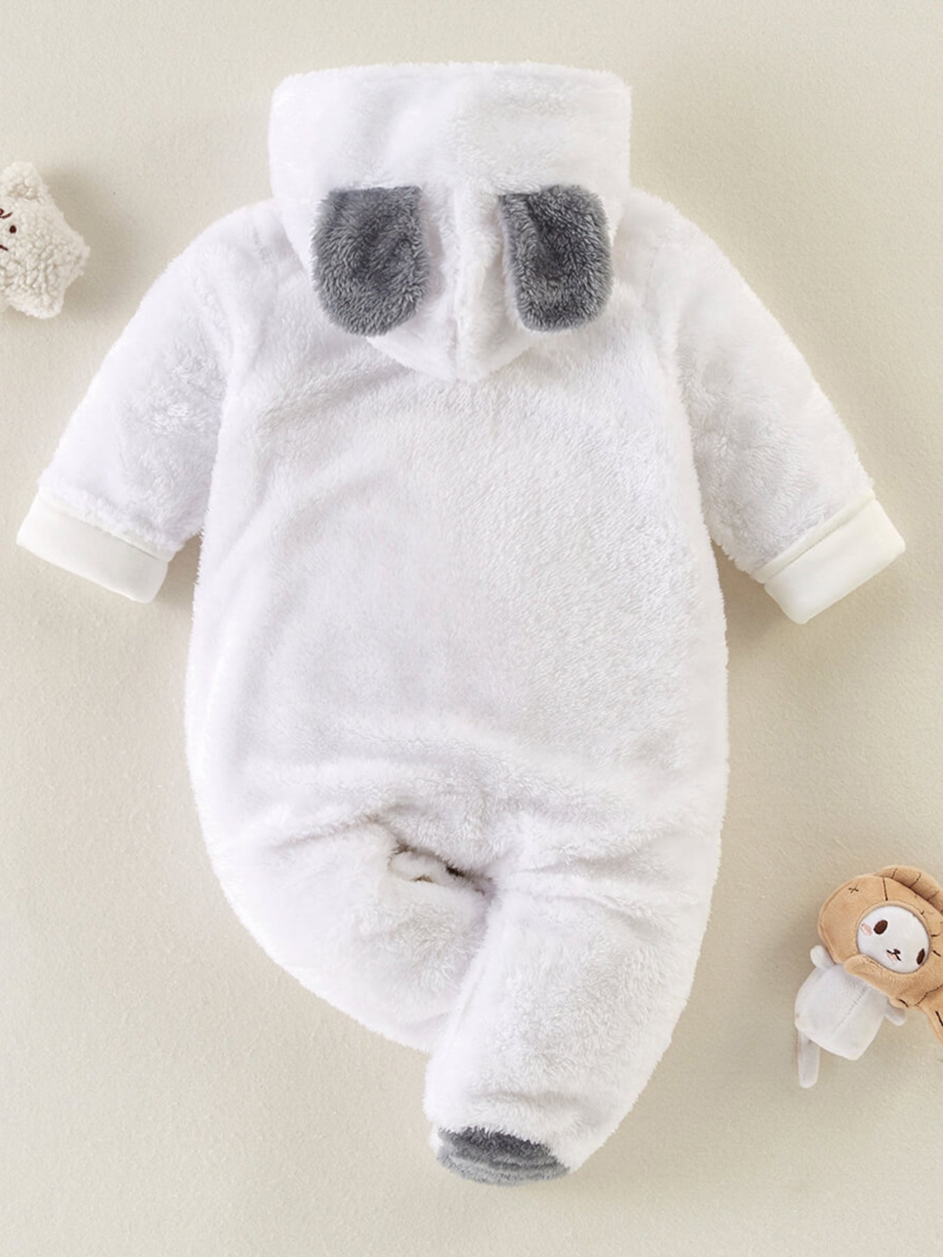 Baby Plush Long Sleeve Faux Fur Jumpsuit With Bear Ears Design For Fall Winter New