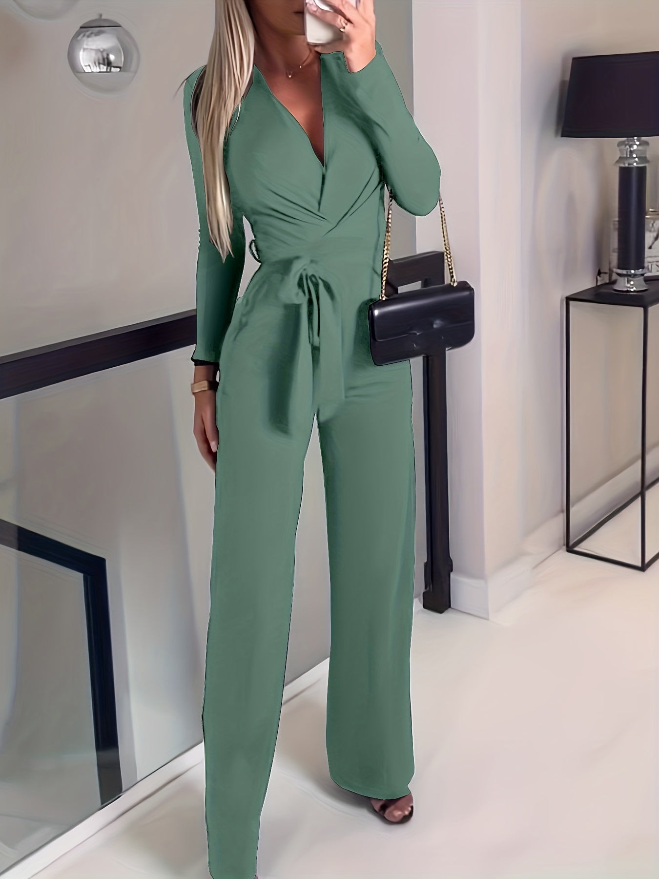 Wide Leg Belted Jumpsuit, Sexy Long Sleeve V Neck Jumpsuit, Women's Clothing