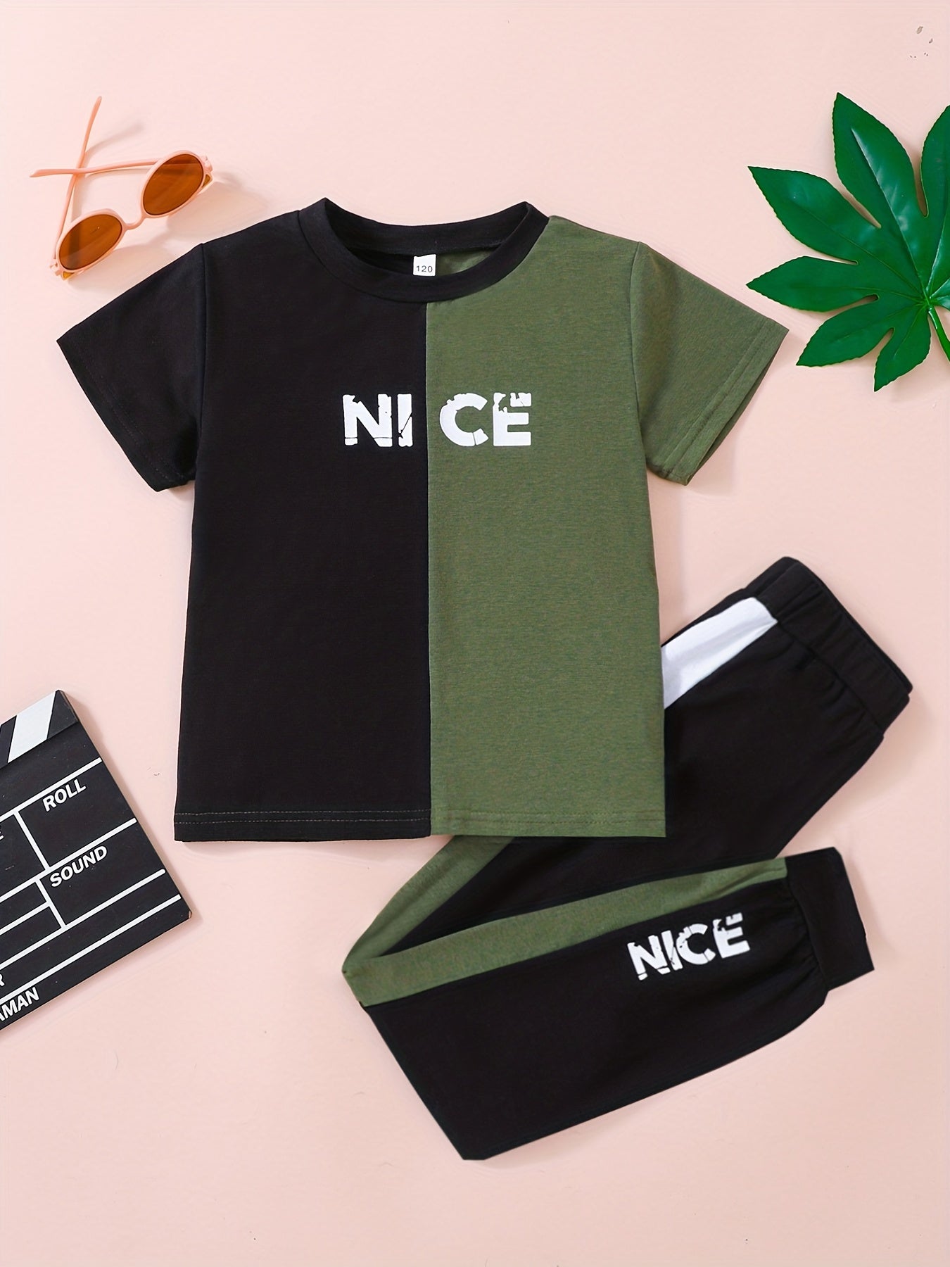 2pcs Boys Letter Graphic Round Neck T-Shirts Color Block Short Sleeve Tees Top & Elastic Waist Splicing Pants Set Kids Summer Clothes