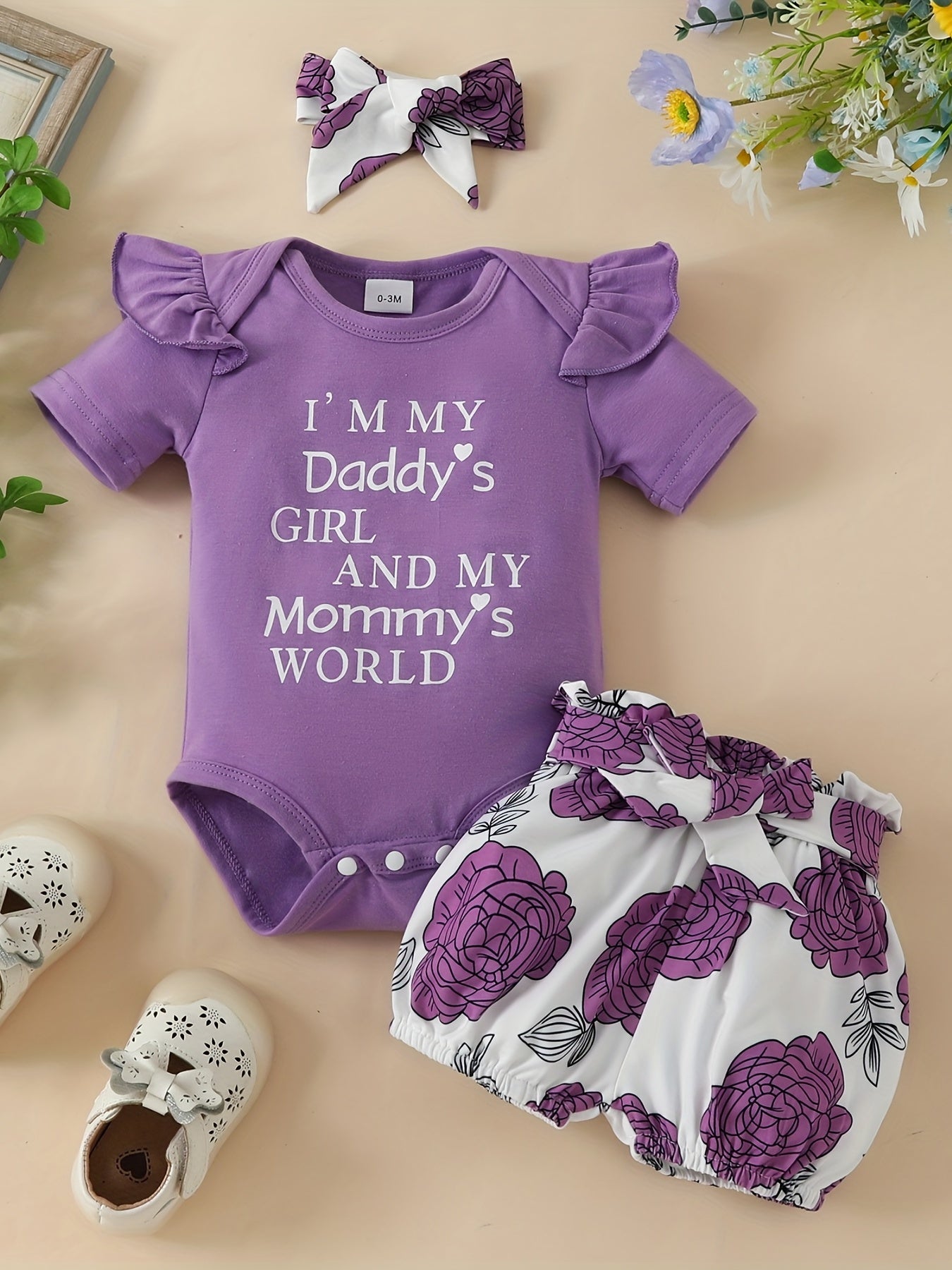 Baby Girl's "I'm My Daddy's Girl And My Mommy's World" Graphic Onesie & Floral Shorts & Headband Set