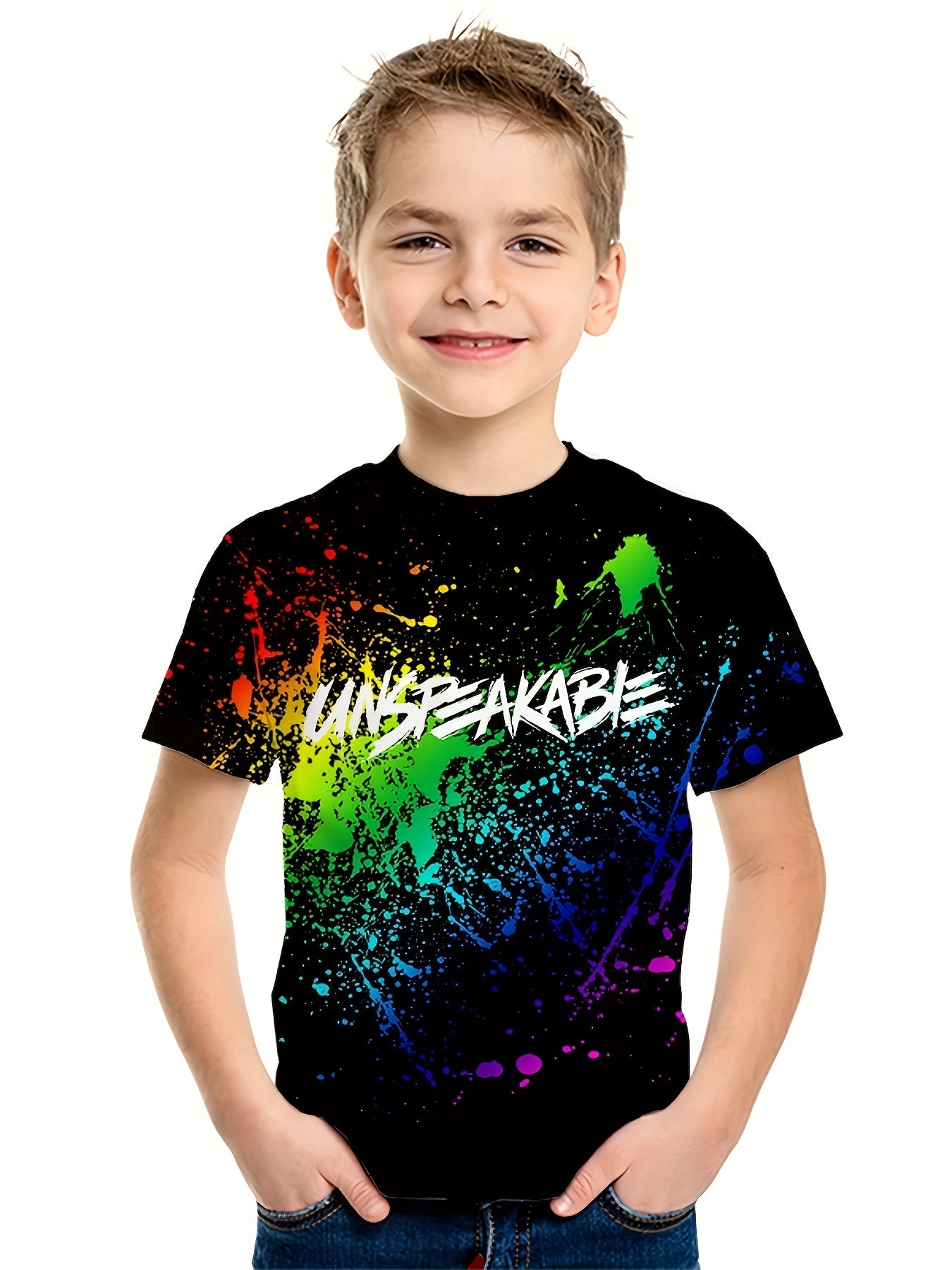 Paint Splash Pattern Kid's T-shirt, UNSPEAKABLE Print Casual Short Sleeve Top, Unisex Tee, Girl's & Boy's Clothes For Summer