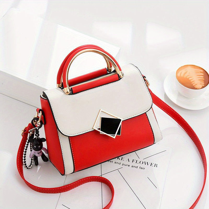 Color Contrast Crossbody Bag, Fashion Metal Decor Handbag, Women's Top Handle Flap Purse