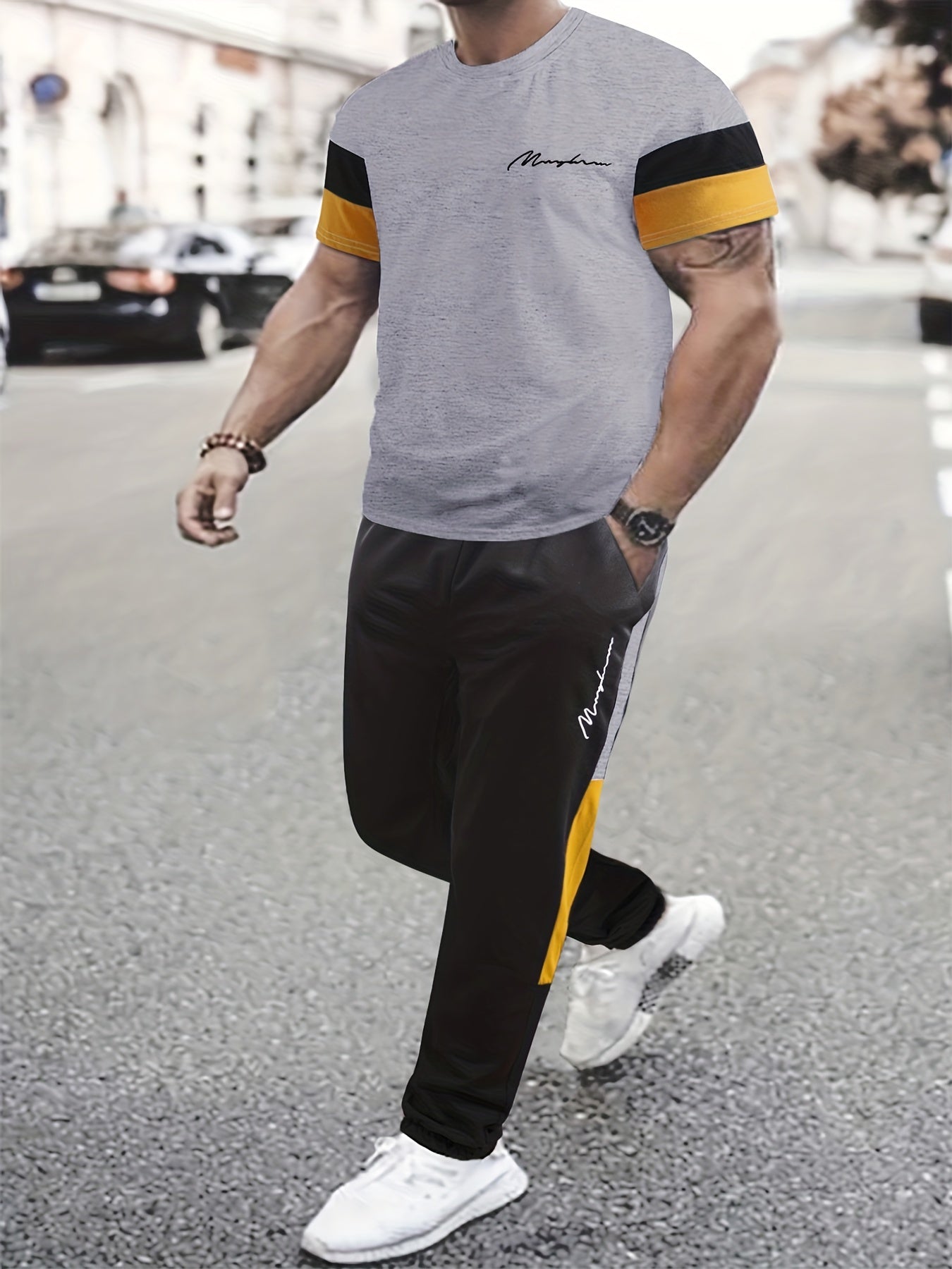 Men's Colorblock Casual T-shirt Outfit Set, 2 Pieces Round Neck Short Sleeve Tees And Drawstring Long Pants