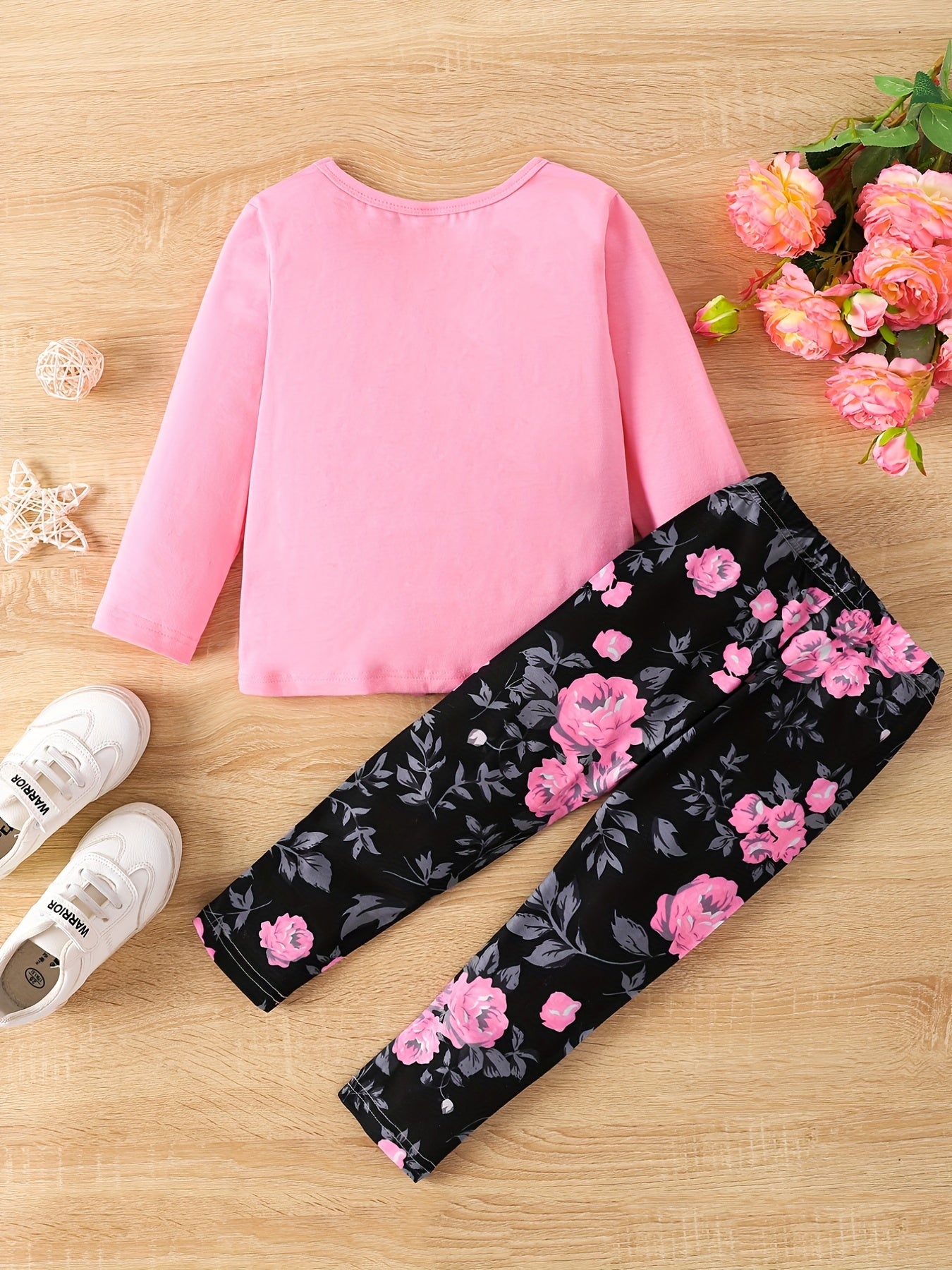 Girl's Floral Pattern Outfit 2pcs, Long Sleeve Top & Leggings Set, LITTLE PRINCESS Print Kid's Clothes For Spring Fall