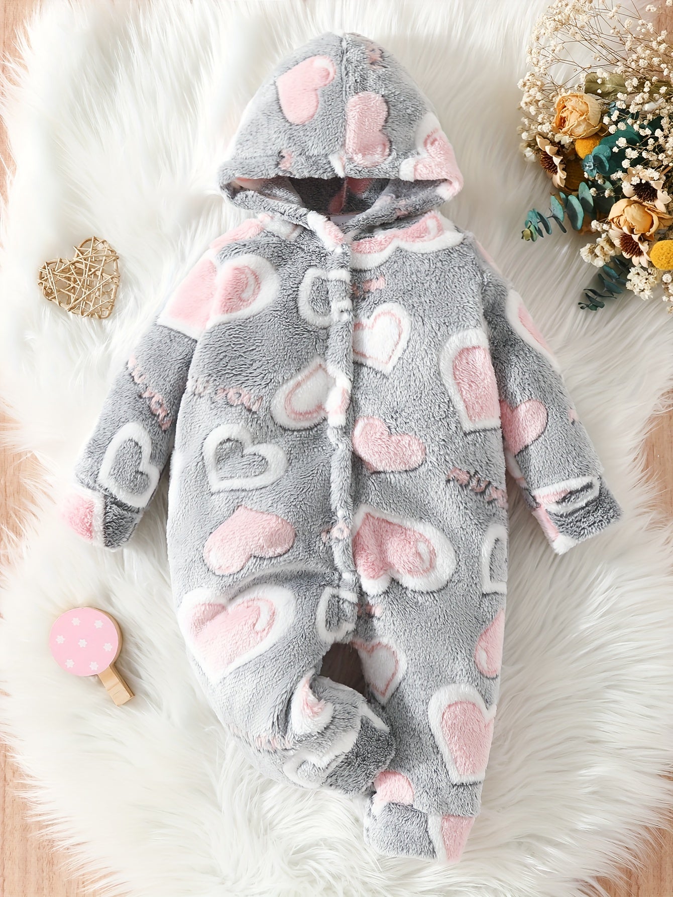 Toddler Baby Cute Heart Print Plush Hooded Jumpsuit, Kids Warm Onesie Clothes Autumn And Winter