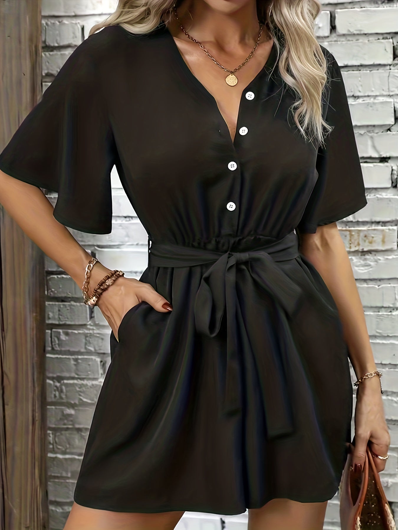 Plus Size Casual Romper, Women's Plus Solid Button Up Short Sleeve V Neck Romper With Pockets & Belt