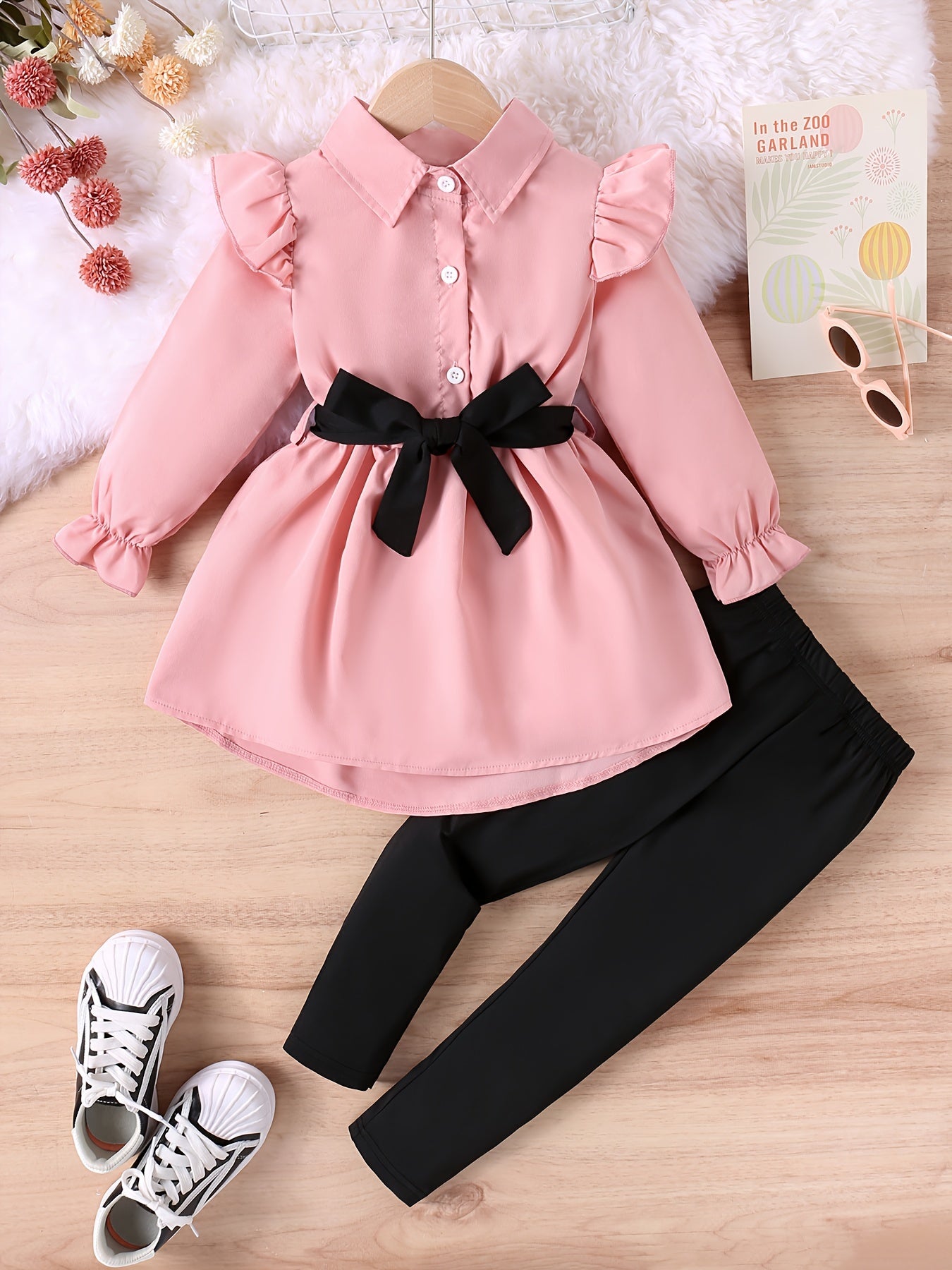 Girl's 2pcs Long Sleeve Shirt With Belt & Pants Set, Ruffle Decor Trendy Casual Outfits, Kids Clothes For Spring Fall