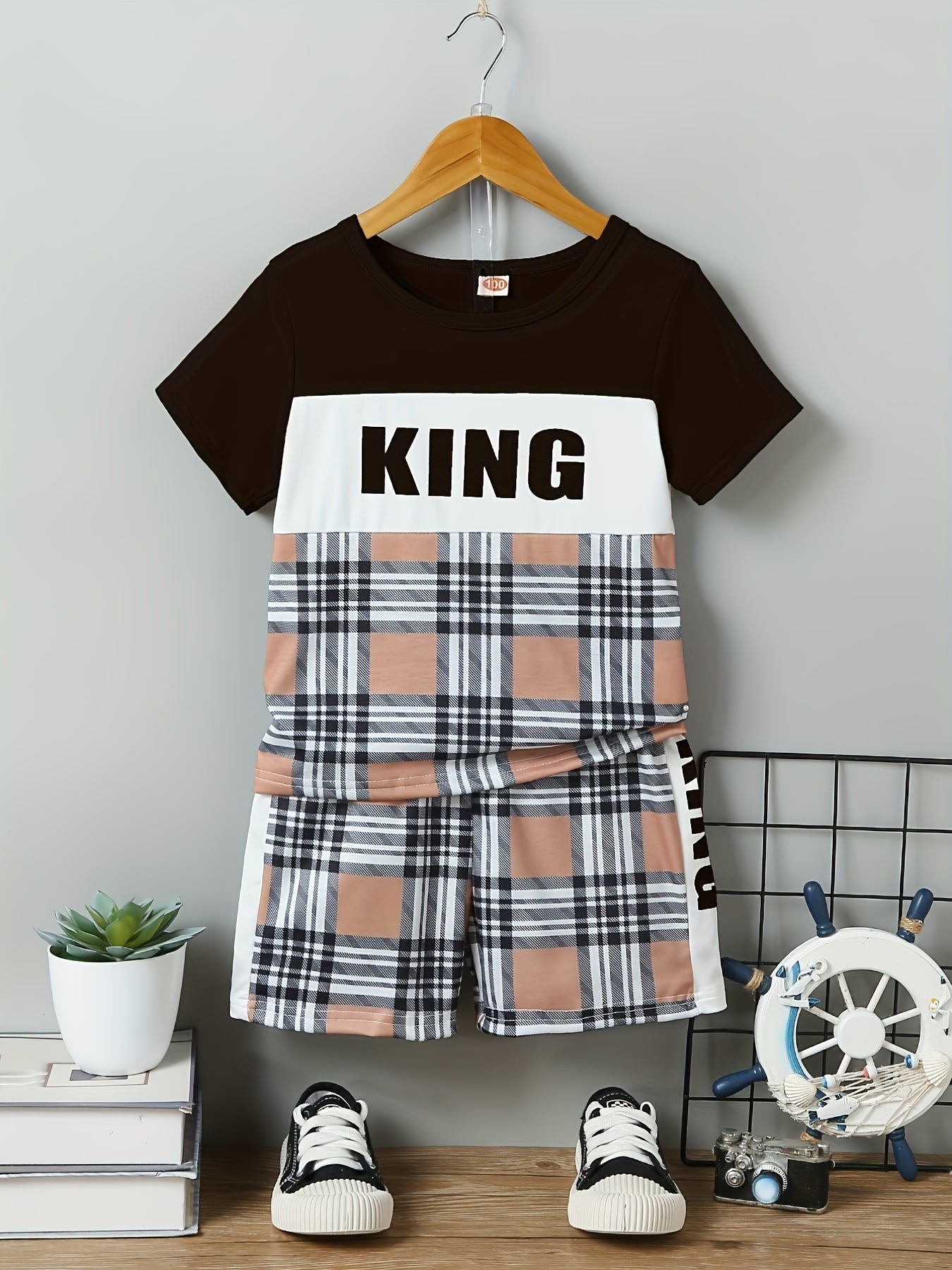 Boys "Daddy + Me" Fists Print Color Block Casual Outfit Round Neck T-shirt & Shorts Kids Summer Clothes Sets