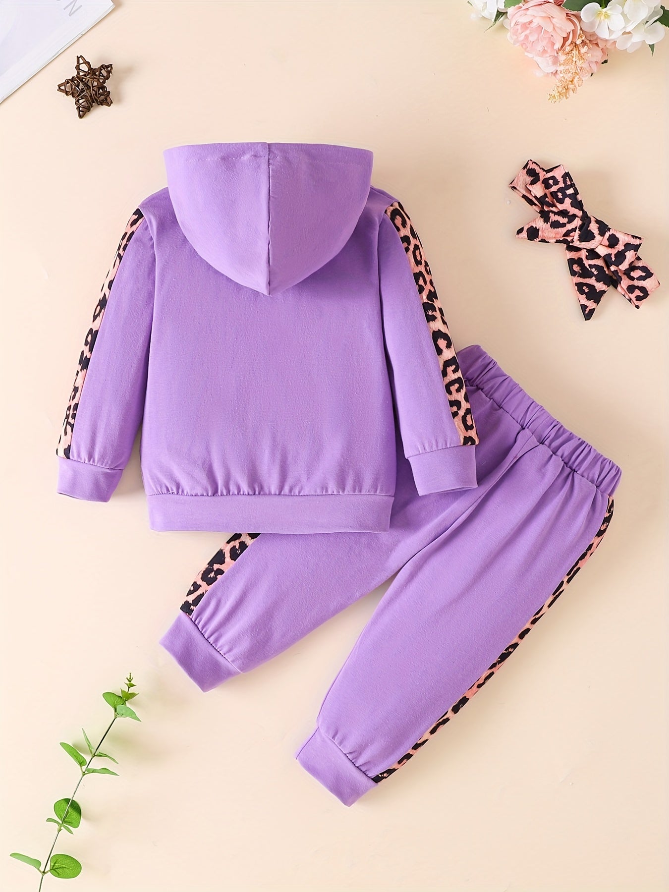 3pcs Baby Girls Casual  Hoodie Set, Leopard Print Long Sleeve Hooded Sweatshirt & Pants & Headband Set