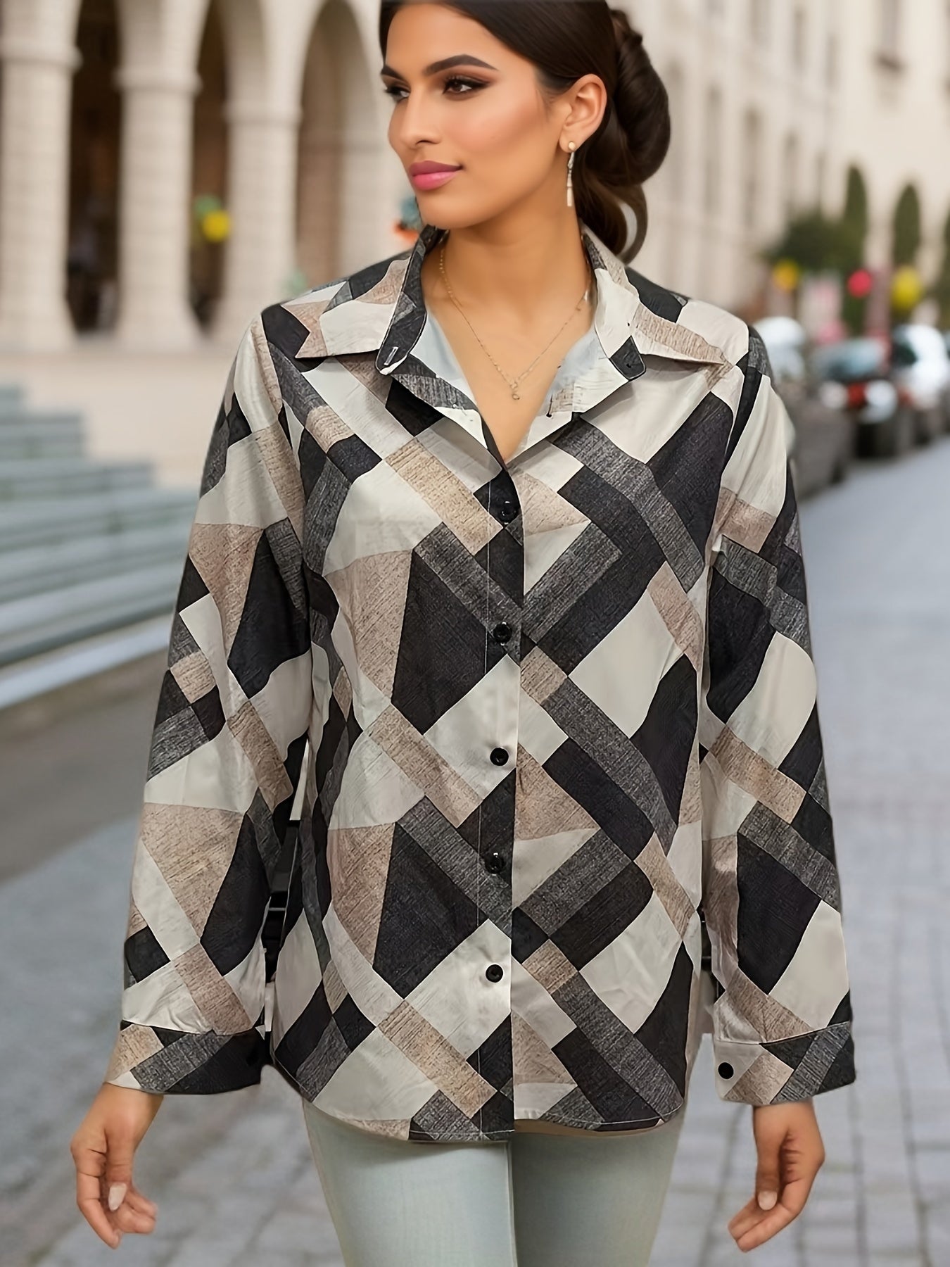 Colorblock Geometric Print Button Shirt, Casual Polo Collar Long Sleeve Shirt For Spring & Fall, Women's Clothing