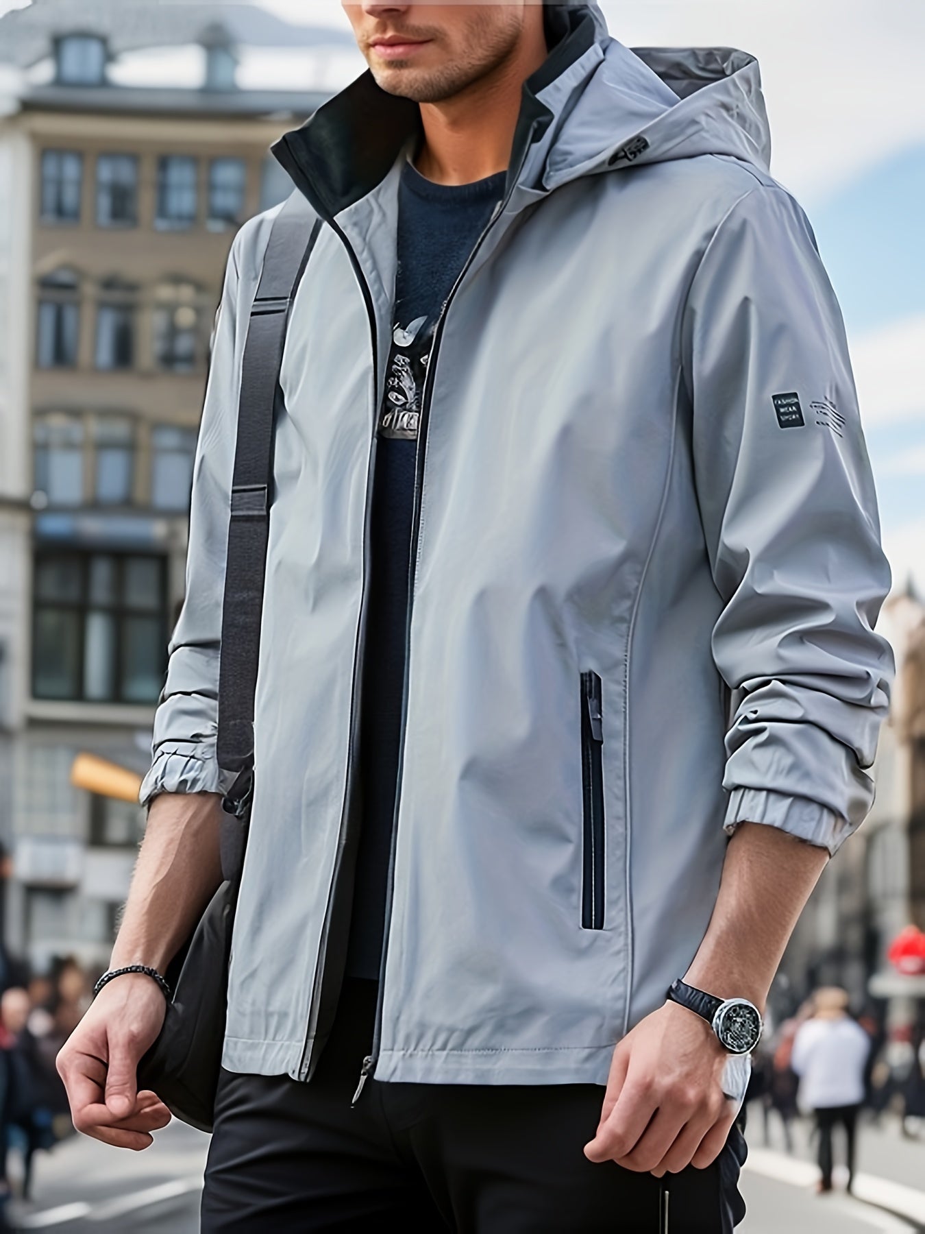 Men's Windbreaker Detachable Hooded Jacket, Zipper Pockets Jackets By Activity For Outdoor Activities