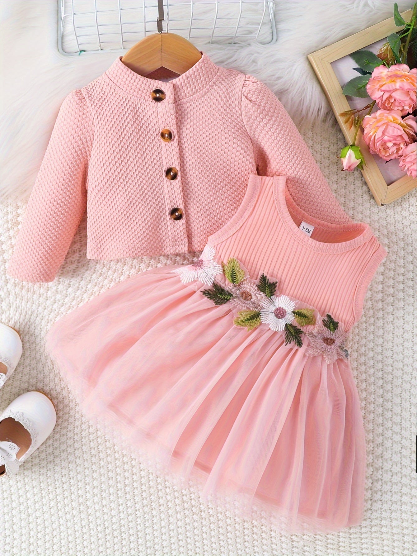 Sweet & Cute Infant Baby Girls Casual Dress Up, Single Breasted Long Sleeve Top Sleeveless Mesh Splicing Vest Skirt Set