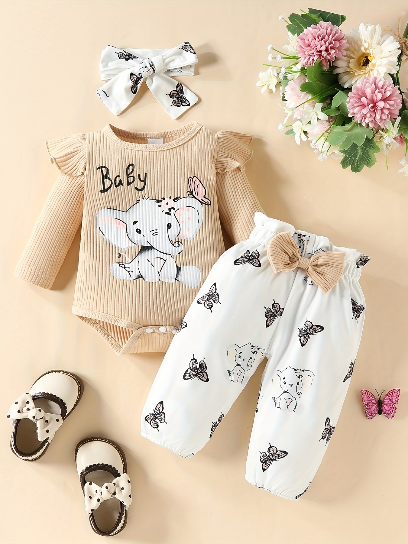 3pcs Cute Elephant Butterfly Graphic Long Sleeve Triangle Romper & Bow Pants & Free Headband Set, Baby Girl's Lovely Casual Outfits Of Multicolor Options