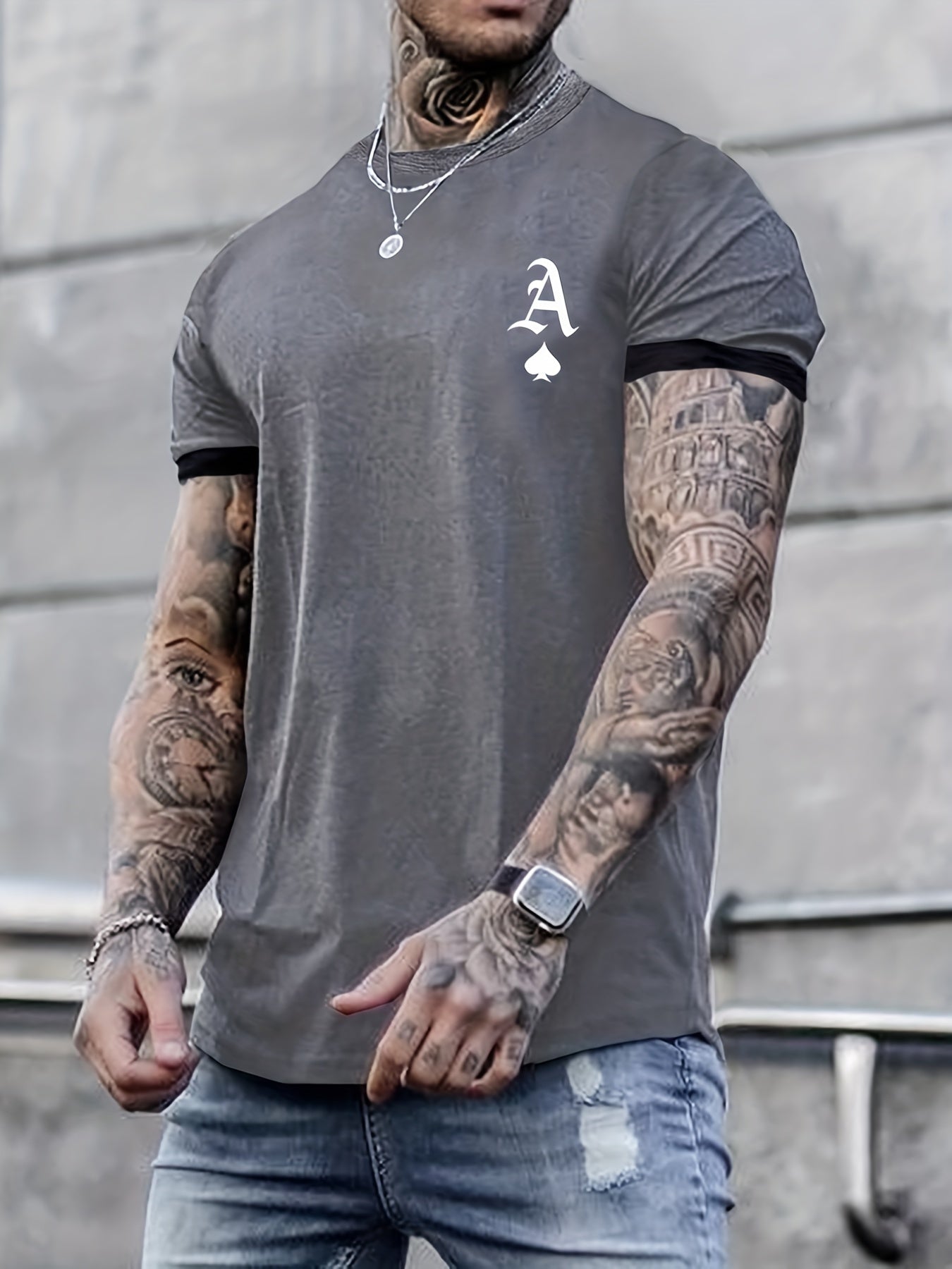 Men's Spade A Print Trendy T-shirt, Crew Neck Short Sleeve Tops, Graphic Tee Men's Clothes Summer, Men's Outfits