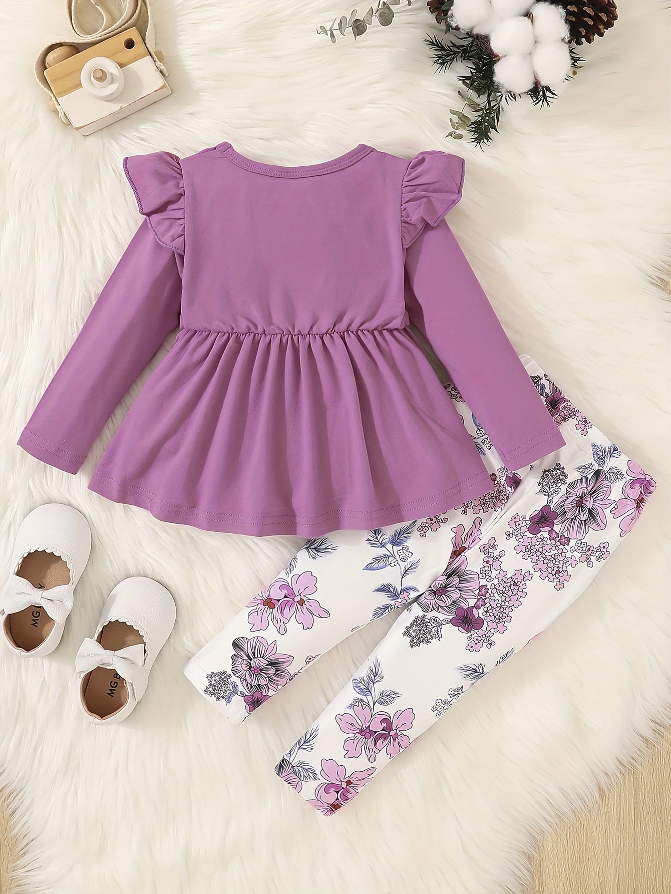 Baby Girl Baby Autumn Winter Outwear Outfit, Flutter Sleeve Splicing Bowknot Skirt Top &  Leaf Print Pants Set,