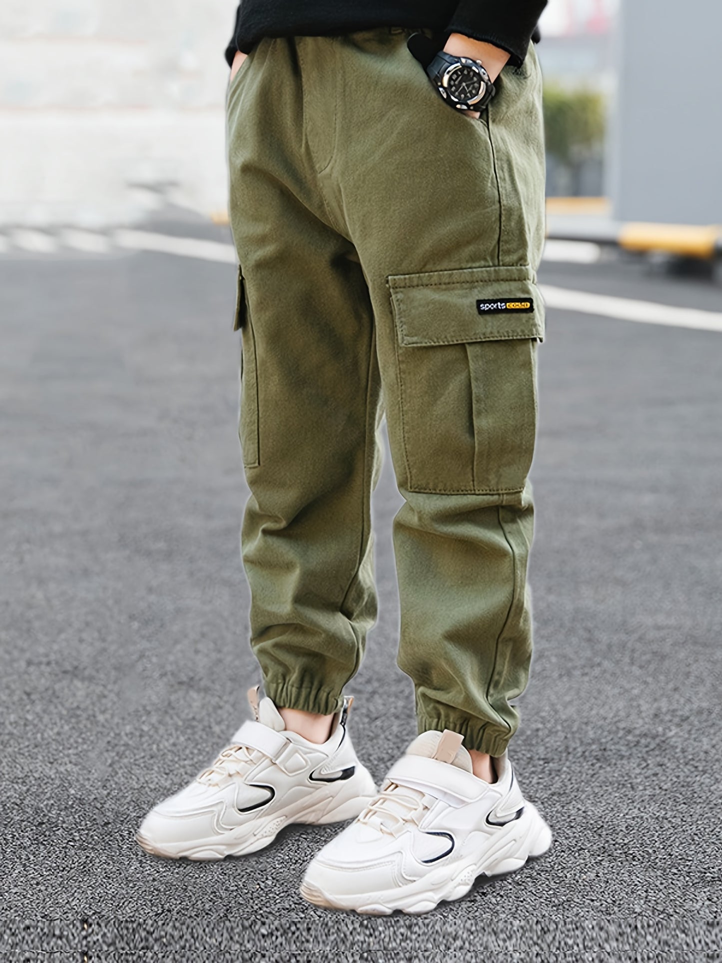 Kid's Cotton Cargo Pants, Elastic Waist Trousers With Pockets, Boy's Clothes For Spring Fall Winter