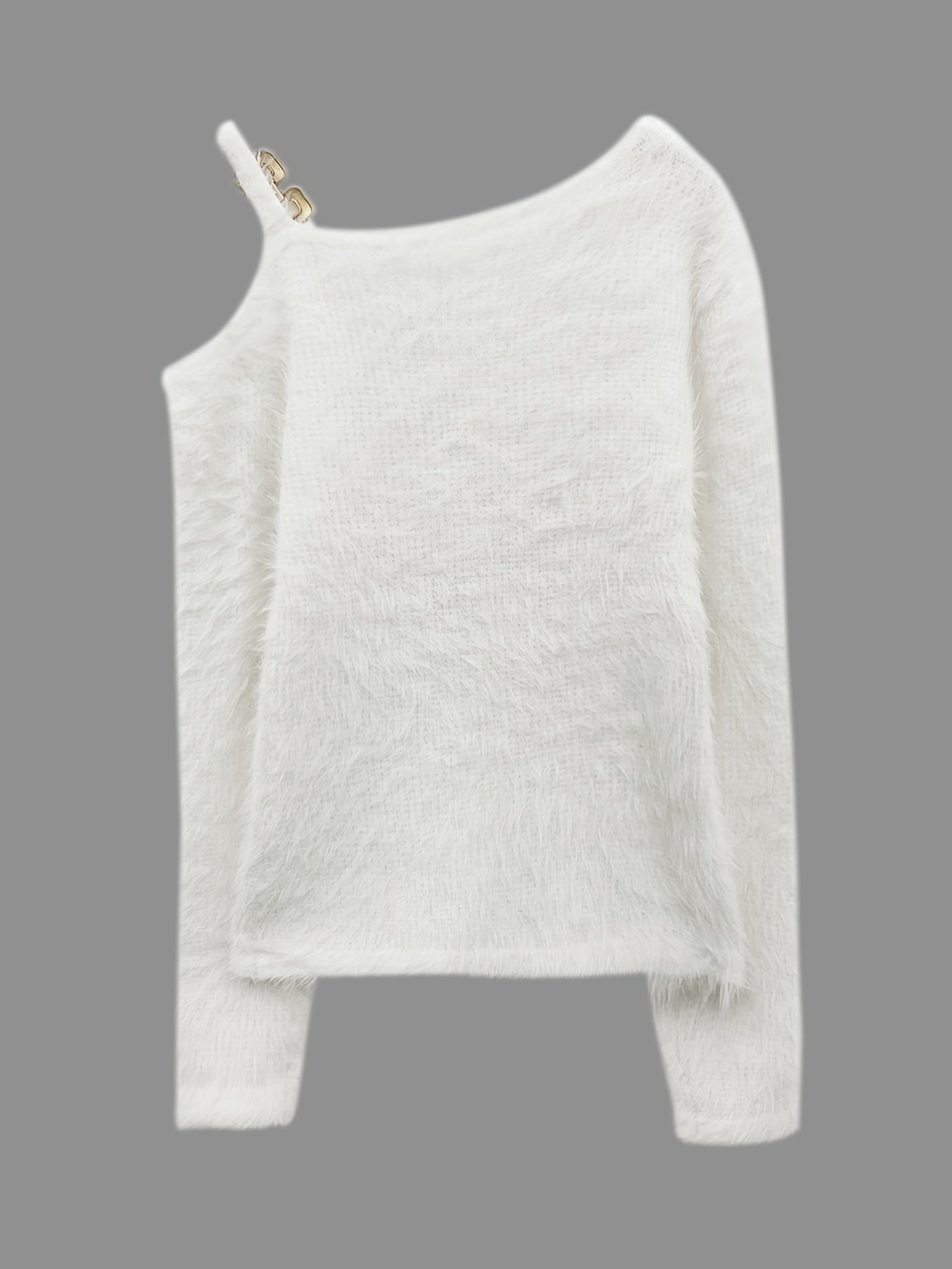 Fluffy Slanted Shoulder Knit Sweater, Casual Chain Long Sleeve Sweater, Women's Clothing