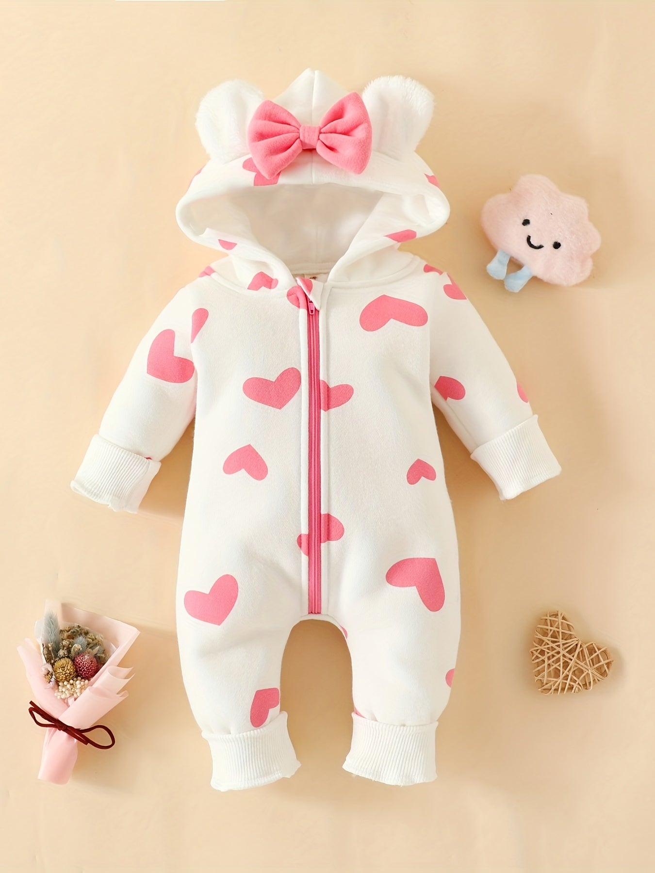 Baby Super Cute Bowknot Hooded Long Sleeve Sweatshirt Bodysuit,  Zipper Warm Outwear Hoodie, Christmas Romper Gift