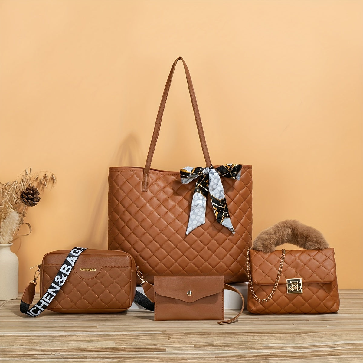 4 Pcs Quilted Detail Bag Sets, Solid Color Tote Bag With Shoulder Chain Bag & Purse & Crossbody Bag, Classic Bags With Scarf Decor