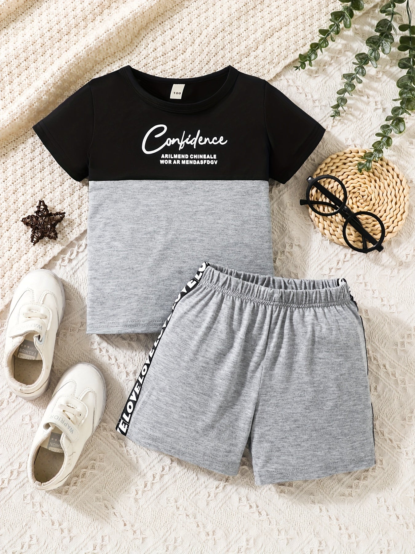 Boys Color Block Letter Outfit Shorts & T-shirt Short Sleeves Crew Neck Casual Summer Kids Clothes