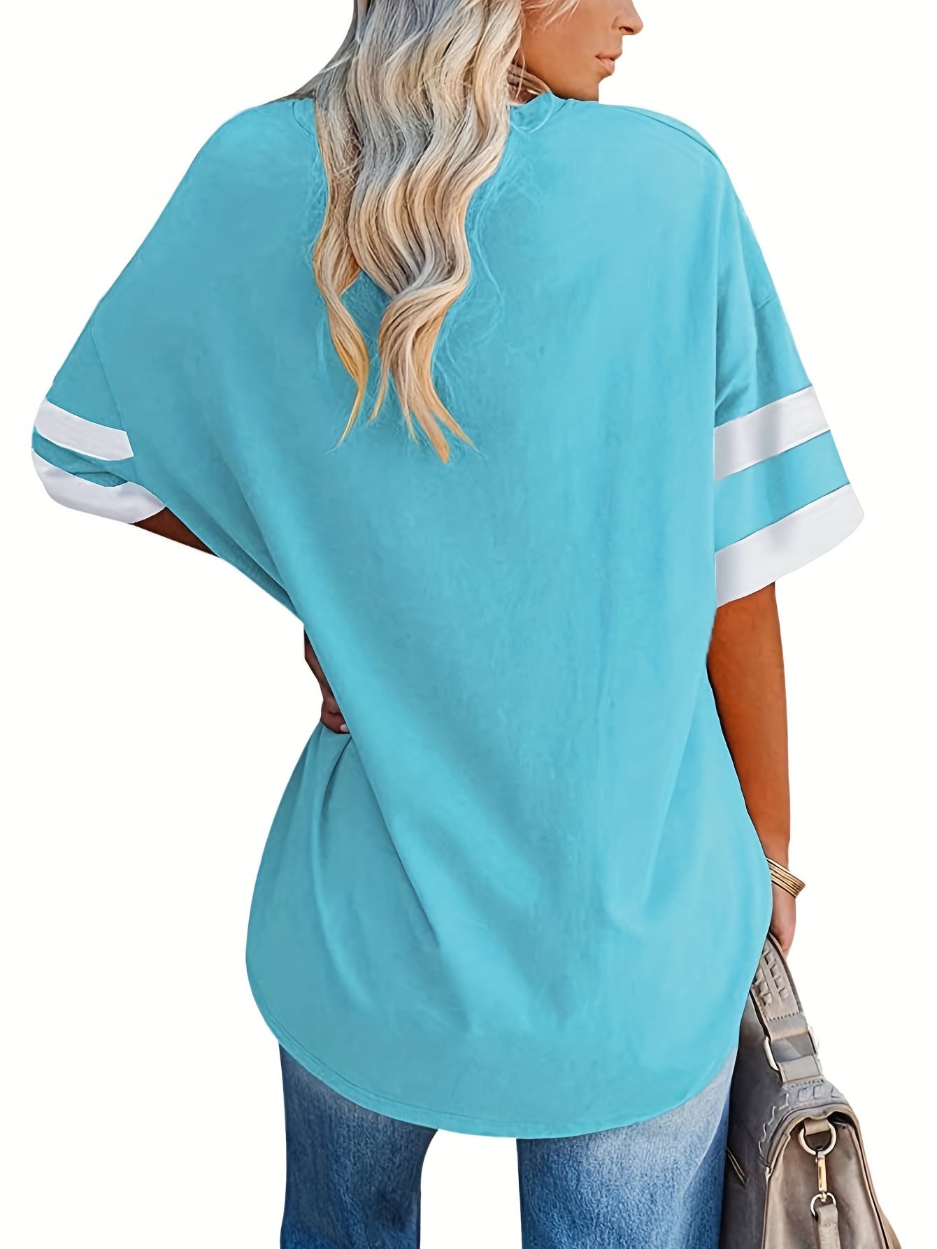 Plus Size Casual T-shirt, Women's Plus Colorblock Drop Shoulder Short Sleeve V Neck Slight Stretch Oversized T-shirt