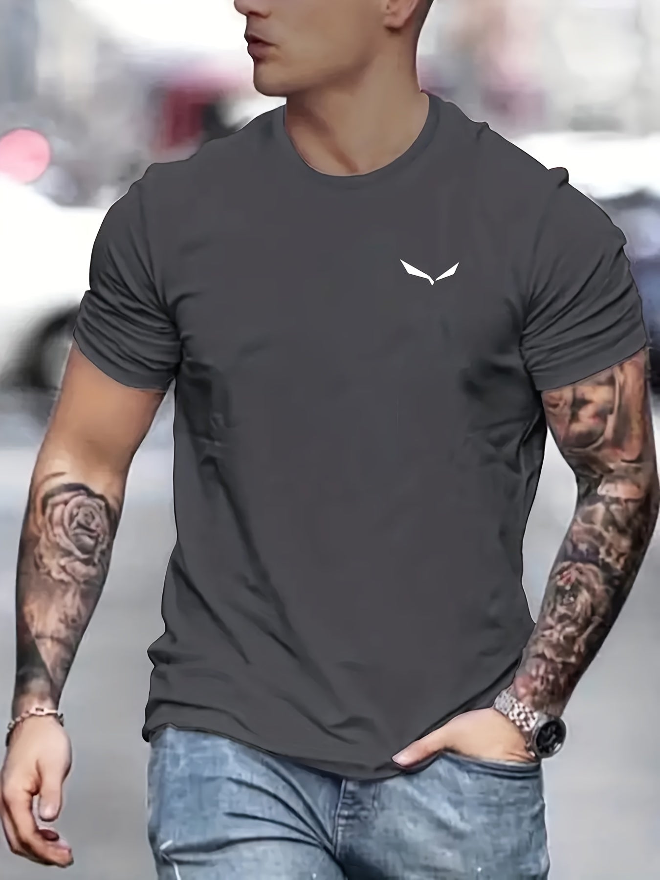 Bird Print T-shirt, Men's Casual Street Style Slightly Stretch Round Neck Tee Shirt For Summer Fall