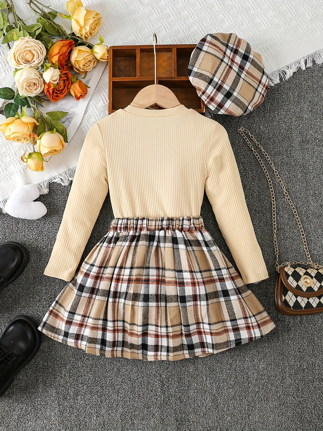 Girls 3pcs Ribbed Knit Long Sleeve Top & Plaid Pleated Skirt & Plaid Beret Set Kids Clothes For Party, Gift