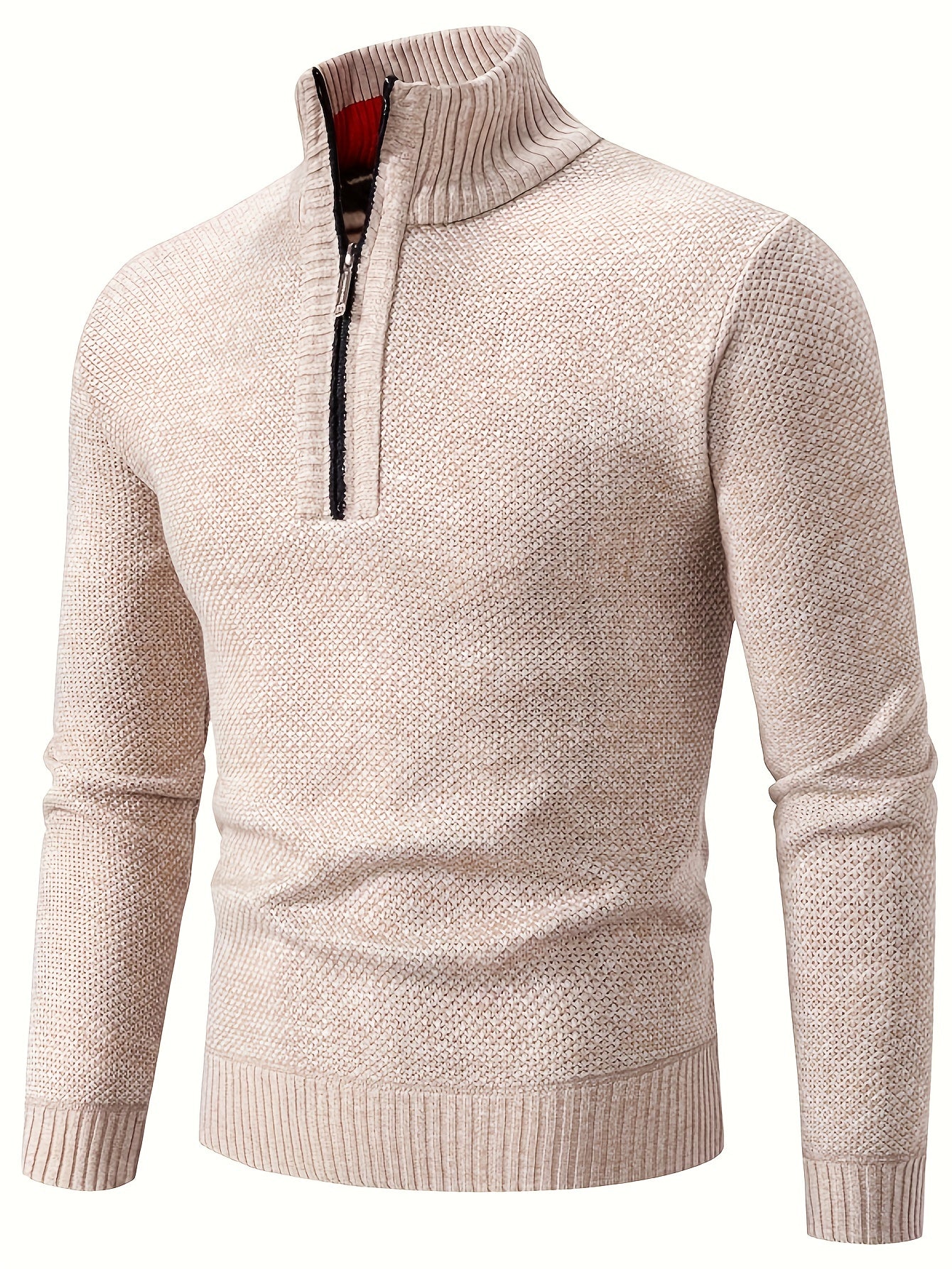 Men's Trendy Solid Knitted Pullover, Casual Slightly Stretch Breathable Turtle Neck Zip Up Long Sleeve Top For Outdoor Fall Winter