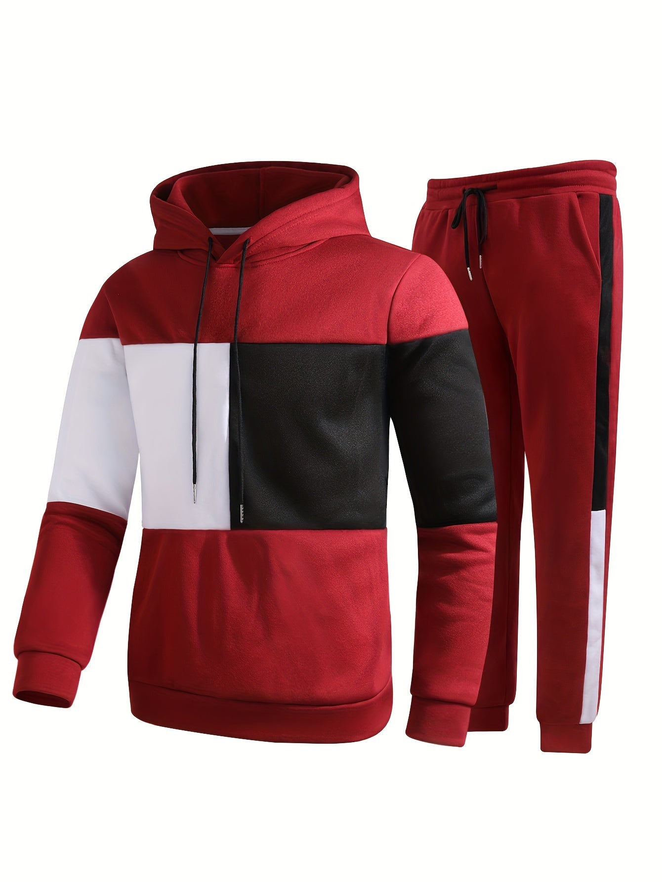 Men's Colorblock Hooded Sweatshirt Casual Outfit Set, 2 Pieces Long Sleeve Pullover Hoodies And Drawstring Sweatpants
