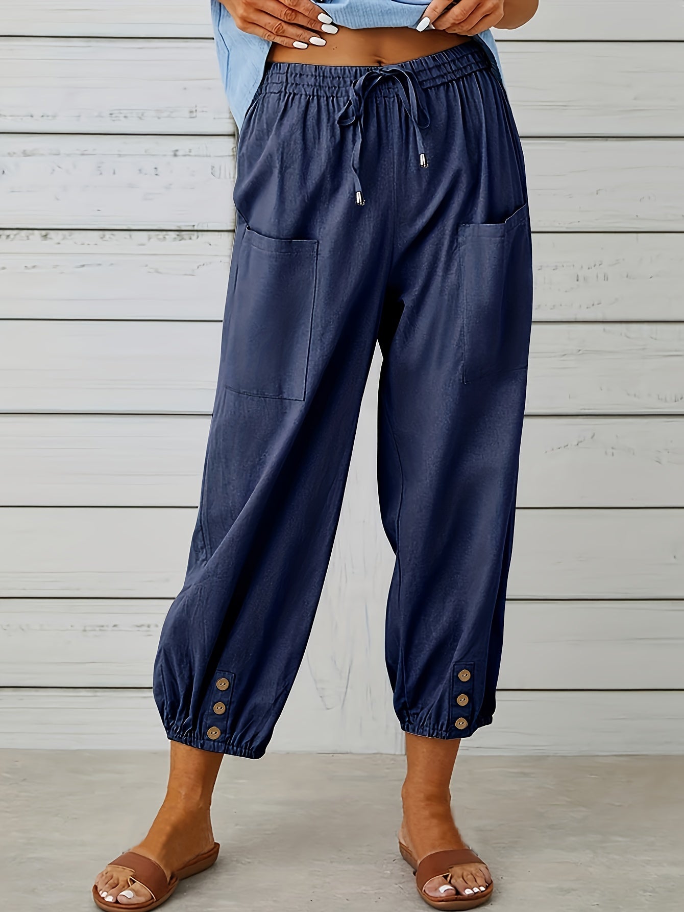Plus Size Casual Pants, Women's Plus Solid Bow Knot Elastic Button Decor Pants With Pockets