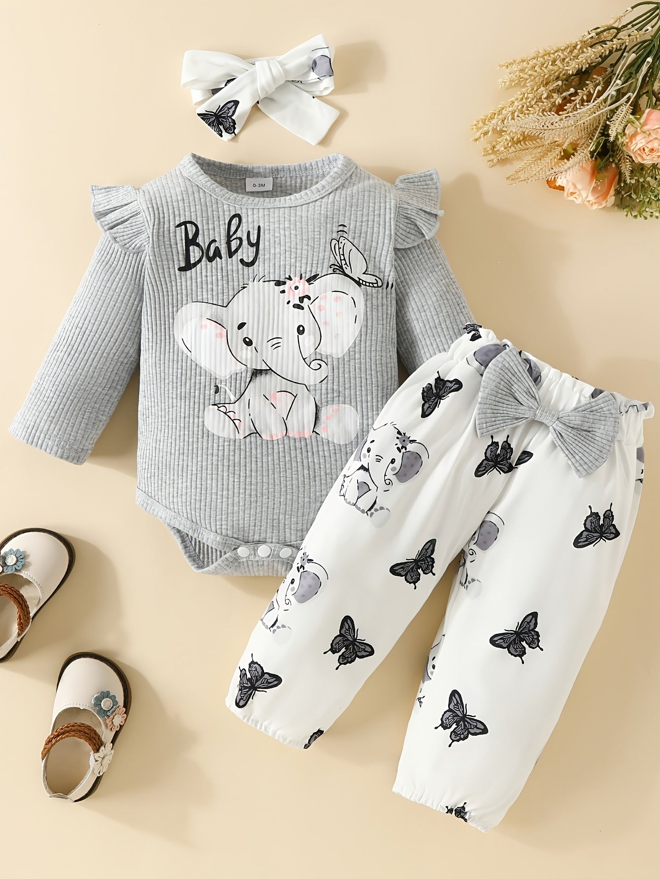 3pcs Cute Elephant Butterfly Graphic Long Sleeve Triangle Romper & Bow Pants & Free Headband Set, Baby Girl's Lovely Casual Outfits Of Multicolor Options