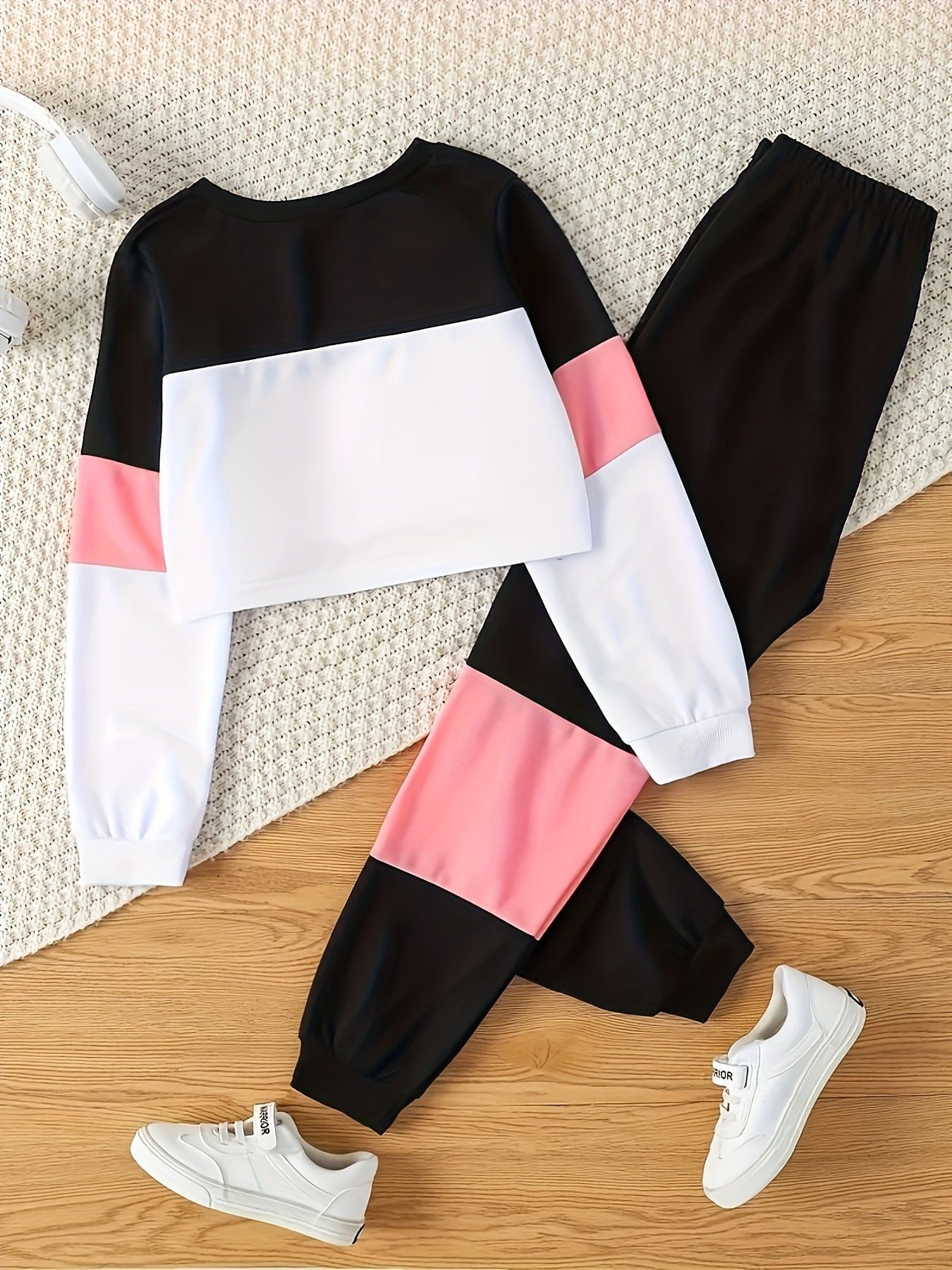 Alphabet Print Trendy Girls Color Block Long Sleeve Sweatshirt & Sports Pants Set, Girls Casual Outfit For Spring Fall