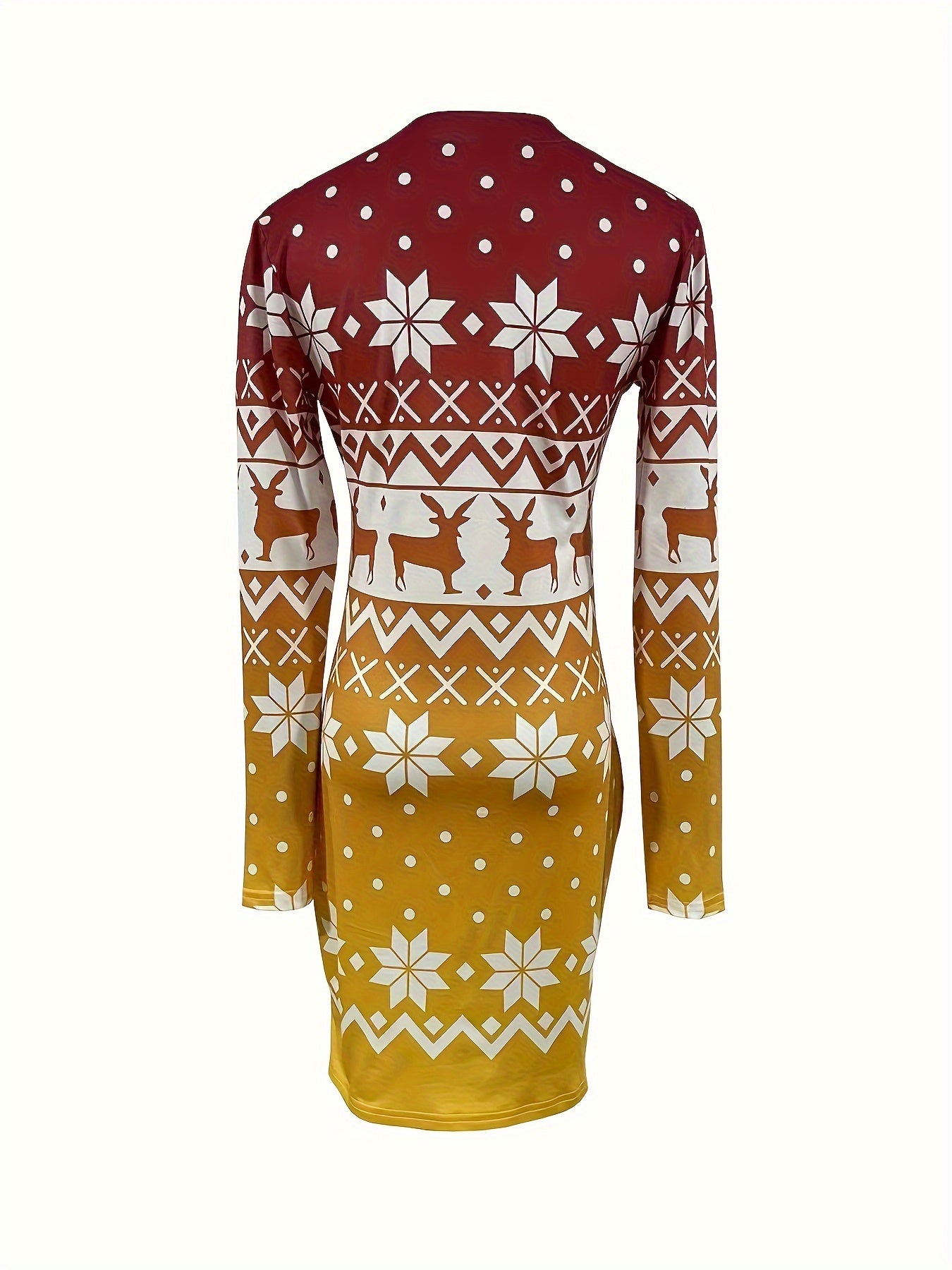Christmas Deer Print Bodycon Dress, Casual Crew Neck Long Sleeve Mini Dress, Women's Clothing