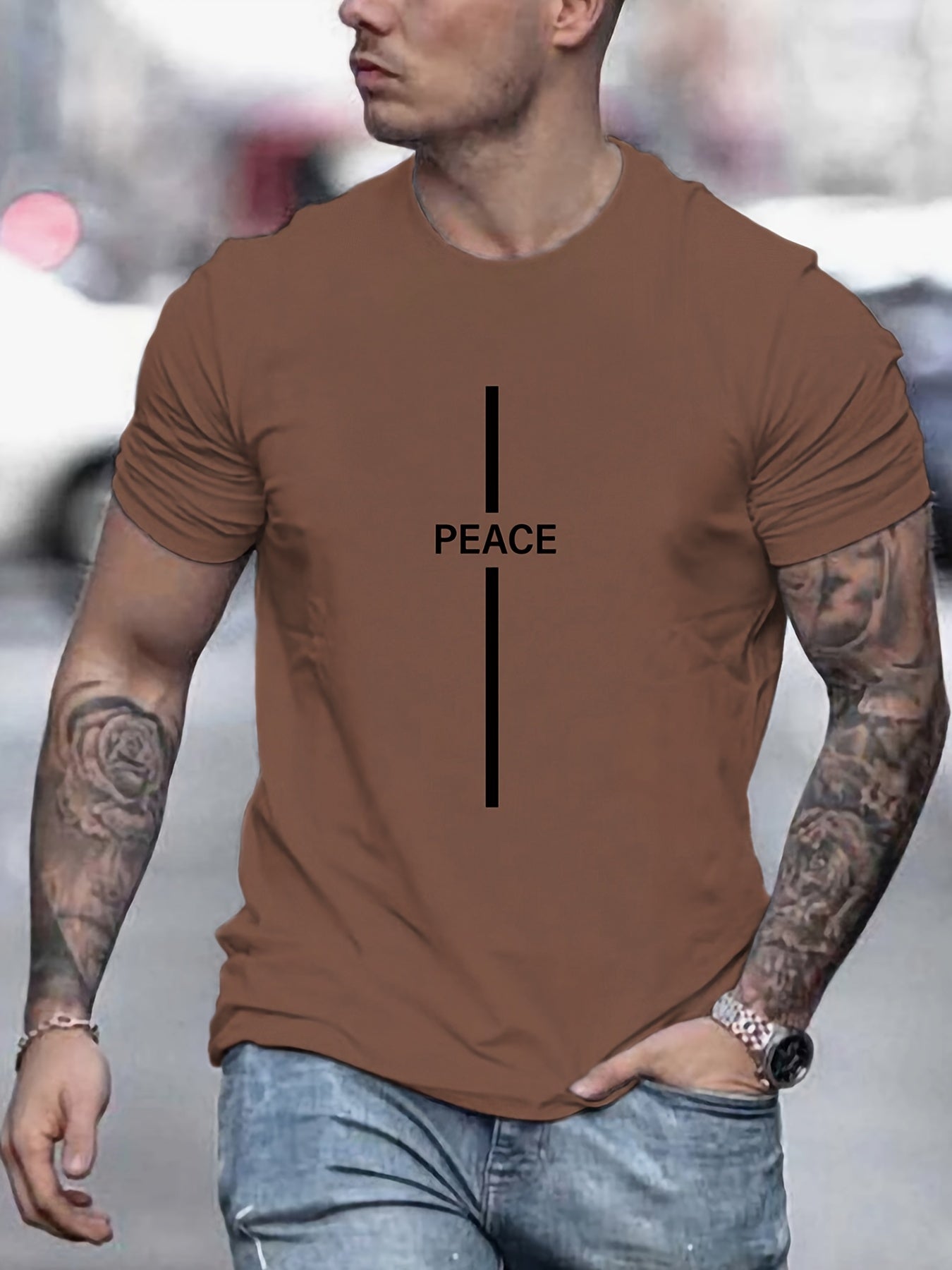 Men's Casual T-shirt With "PEACE" Print, Short Sleeve Crew Neck Tee For Summer