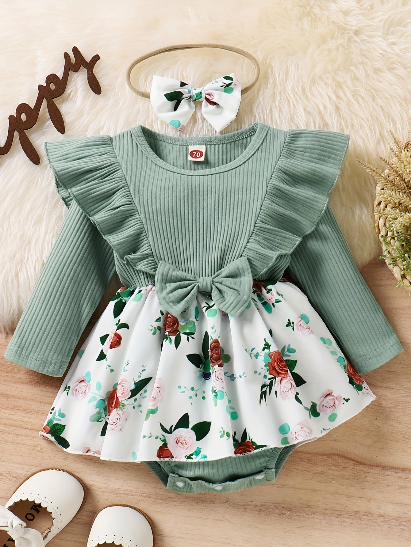 Infant Baby Girls Long-sleeved Pit Stripe Skirt Hem Floral Printed Dress With Bow Knot Headband 3pcs Set